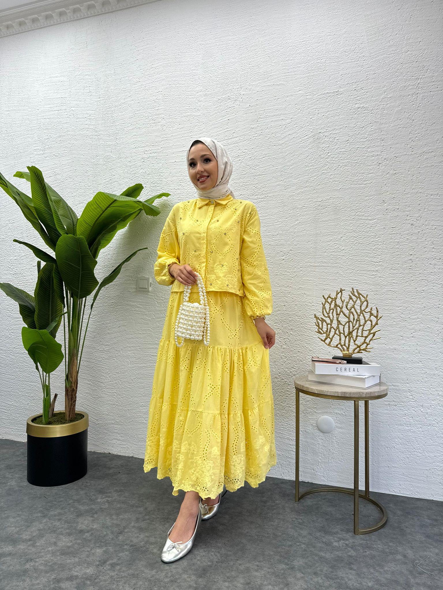 MEYSADESIGN ETEK TAKIM İşlemeli Fisto Etekli Takım Sarı