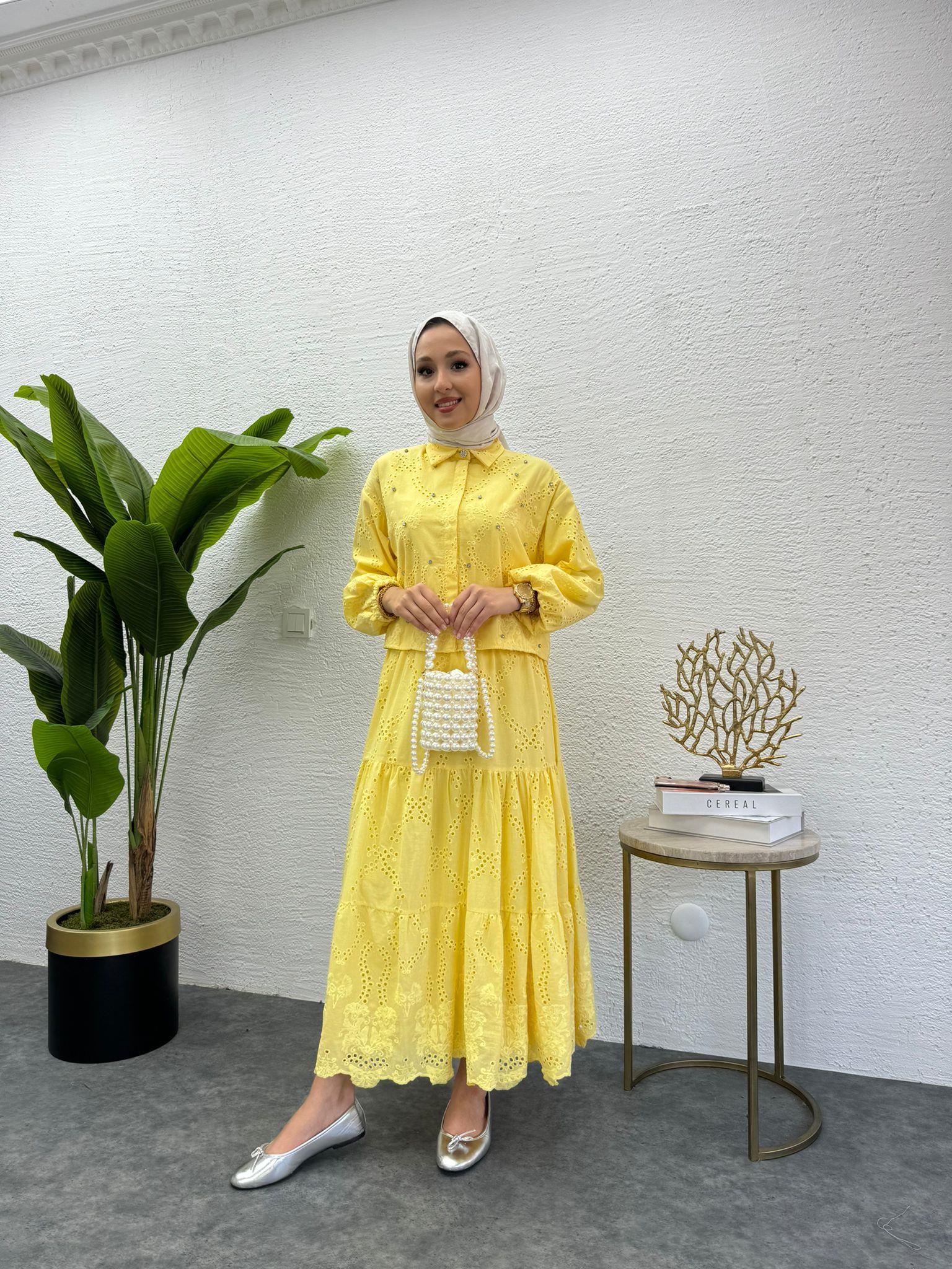 MEYSADESIGN ETEK TAKIM İşlemeli Fisto Etekli Takım Sarı