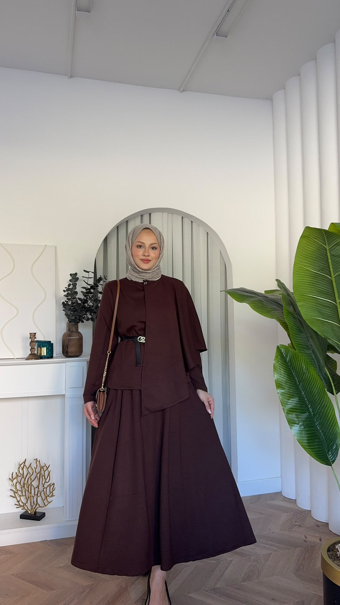 MEYSADESIGN ETEK TAKIM Omuzdan Şallı Oysh Etekli Takım Acı Kahve