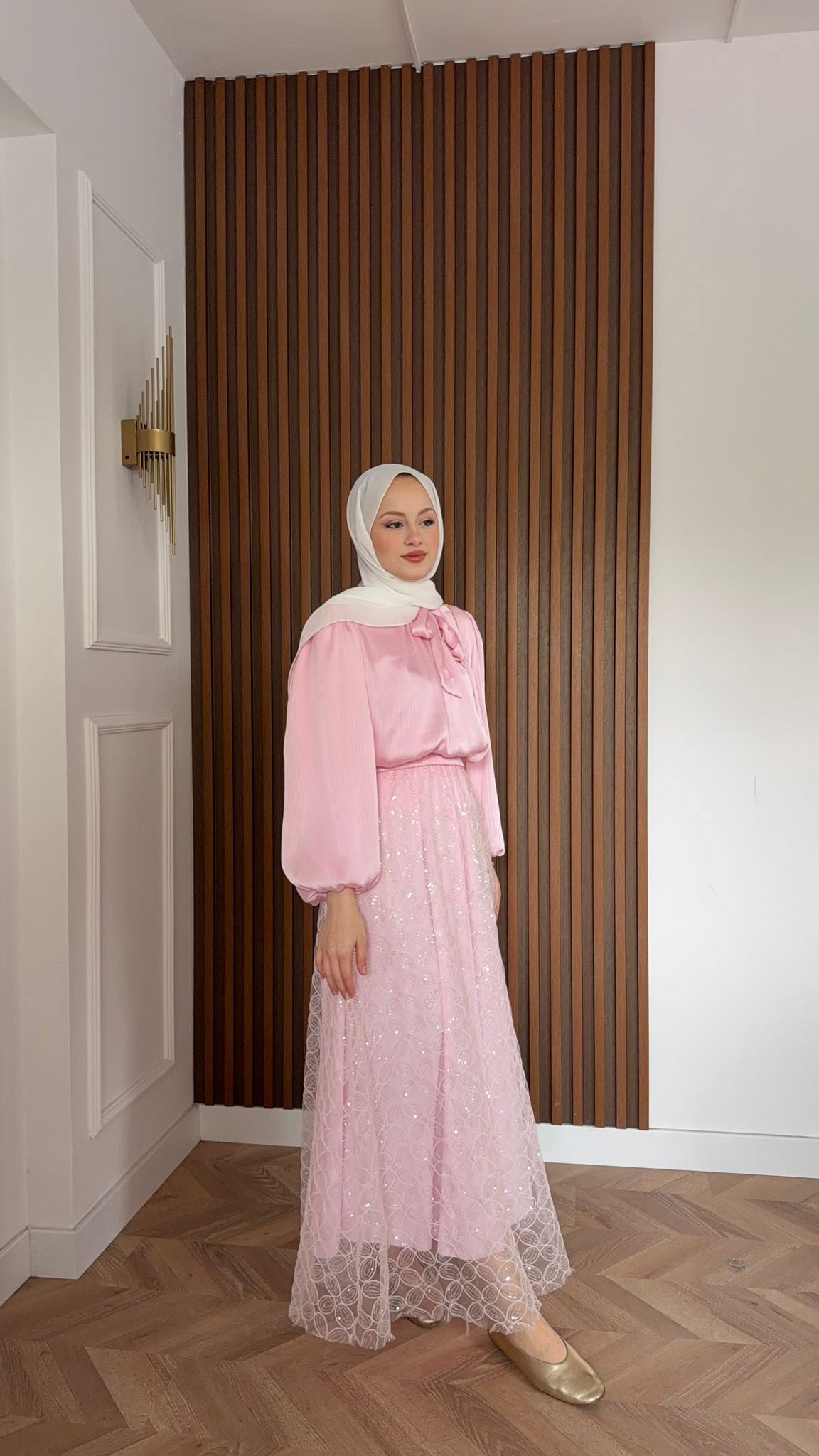 MEYSADESIGN ETEK TAKIM Wolla Pul Payetli Etekli Takım Pembe Çiçekli