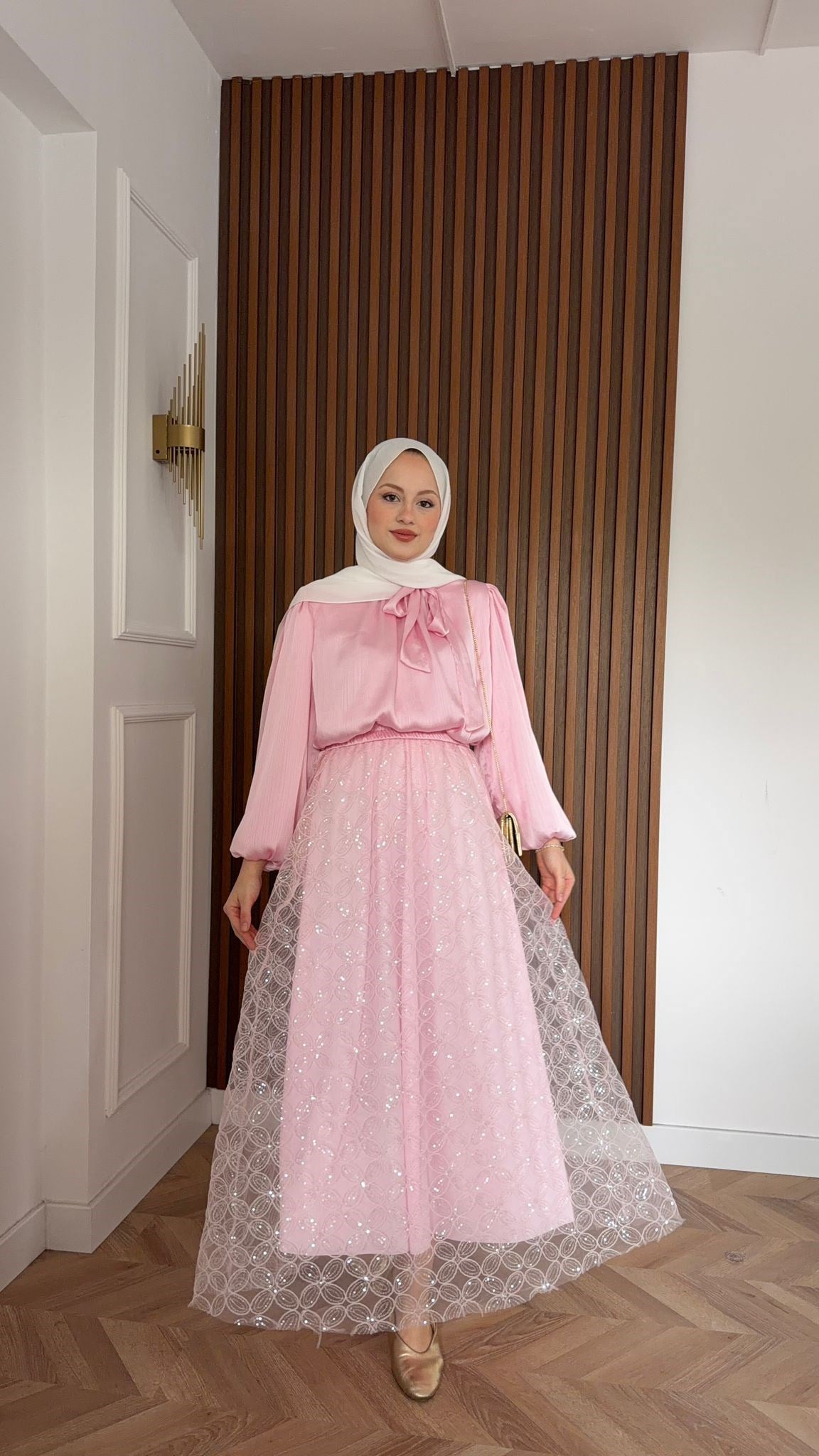 MEYSADESIGN ETEK TAKIM Wolla Pul Payetli Etekli Takım Pembe Çiçekli