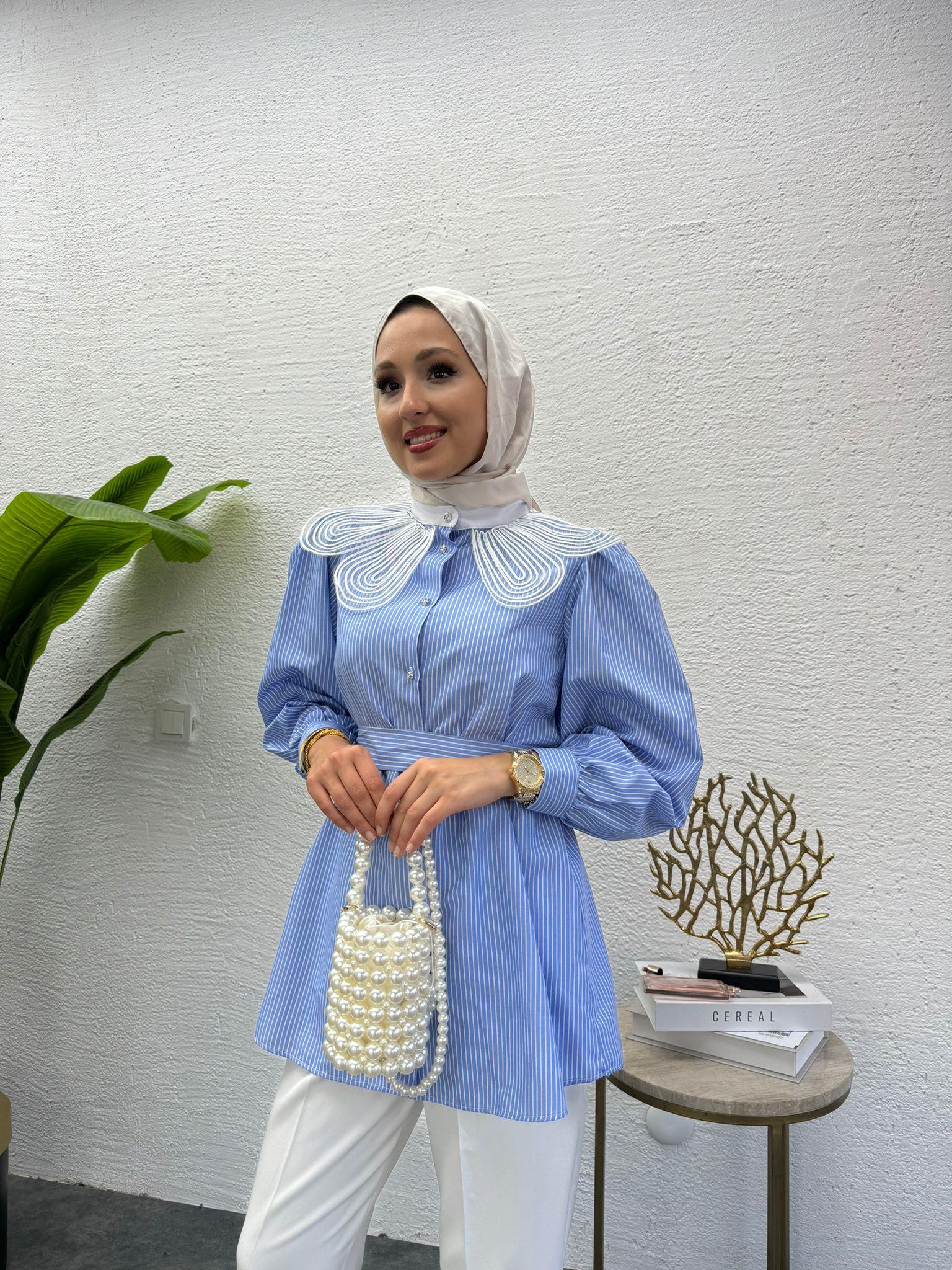 MEYSADESIGN GÖMLEK Çiçek Yakalı Çizgili Gömlek Mavi