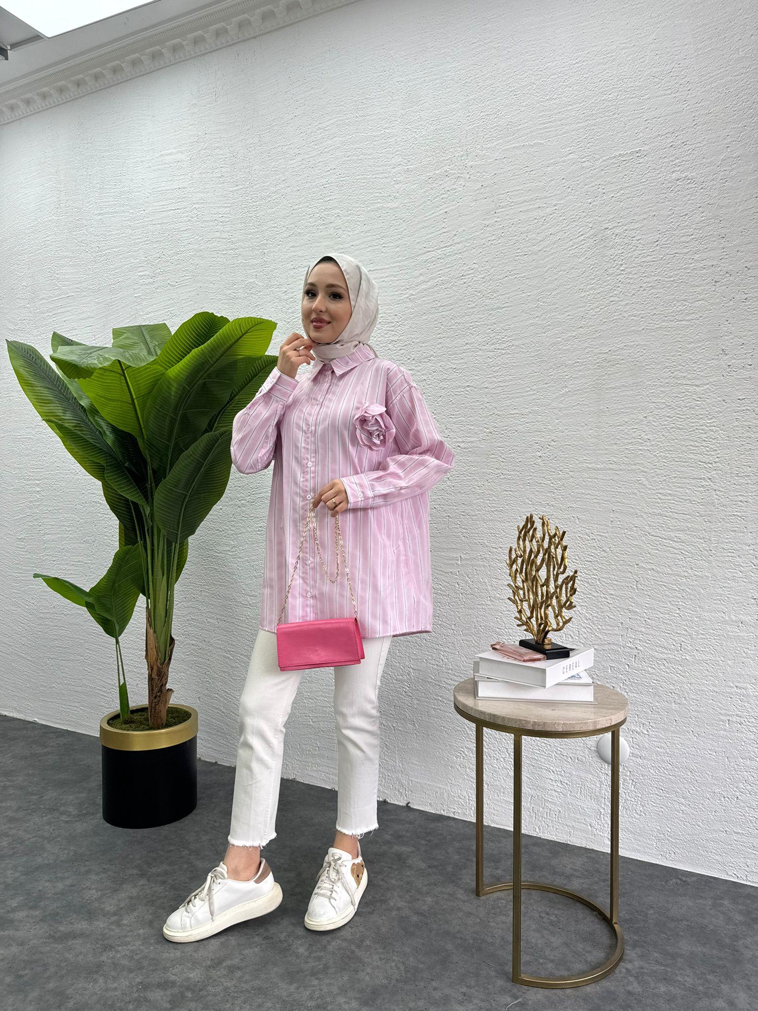 MEYSADESIGN GÖMLEK Gül Detaylı Çizgili Gömlek Pembe Geçişli