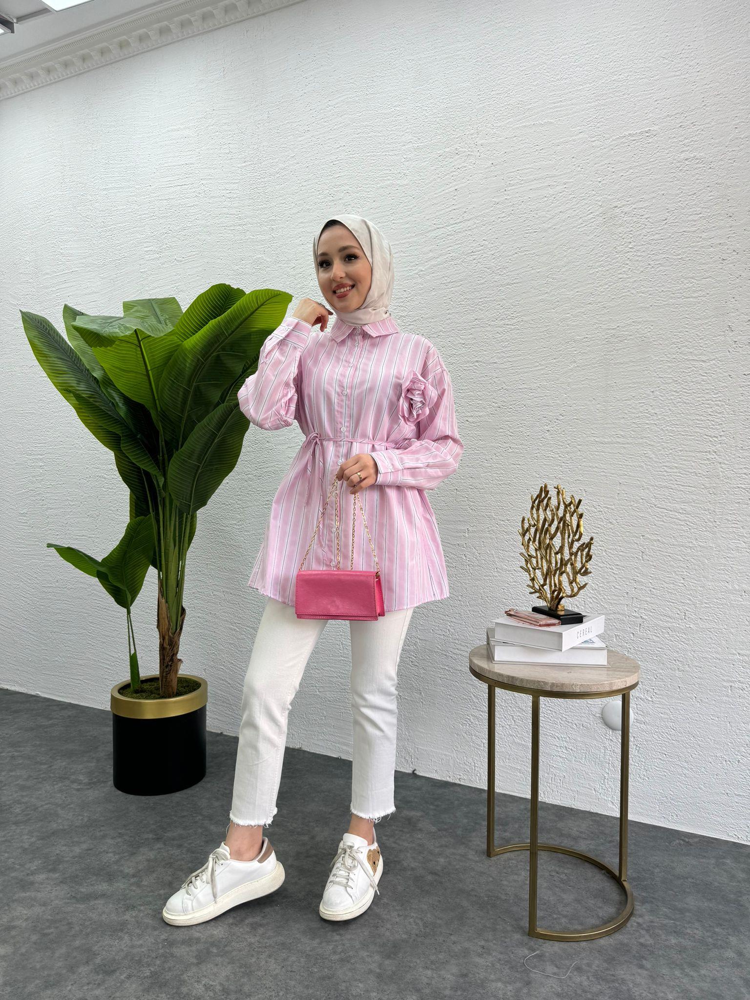 MEYSADESIGN GÖMLEK Gül Detaylı Çizgili Gömlek Pembe Geçişli