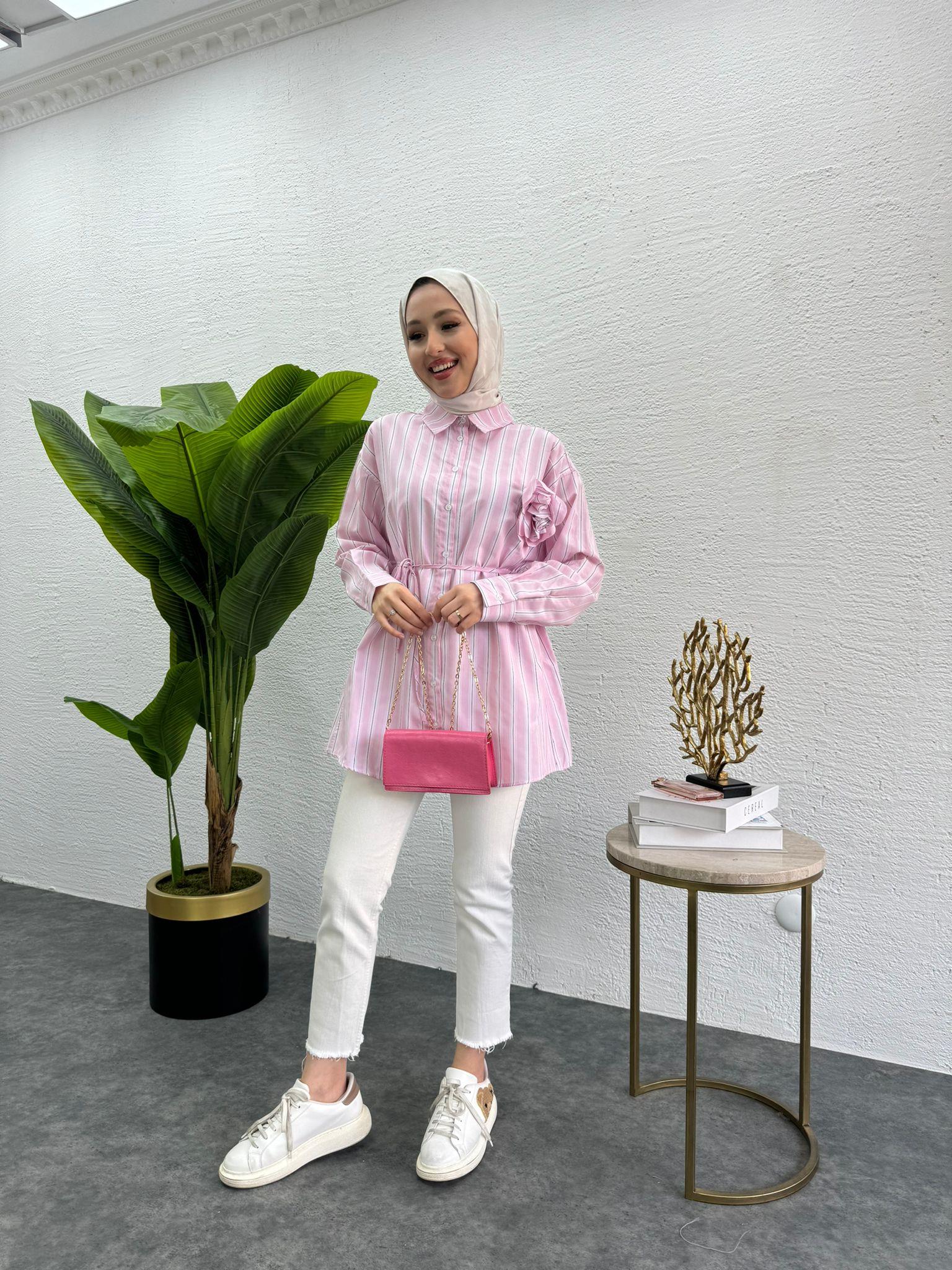 MEYSADESIGN GÖMLEK Gül Detaylı Çizgili Gömlek Pembe Geçişli
