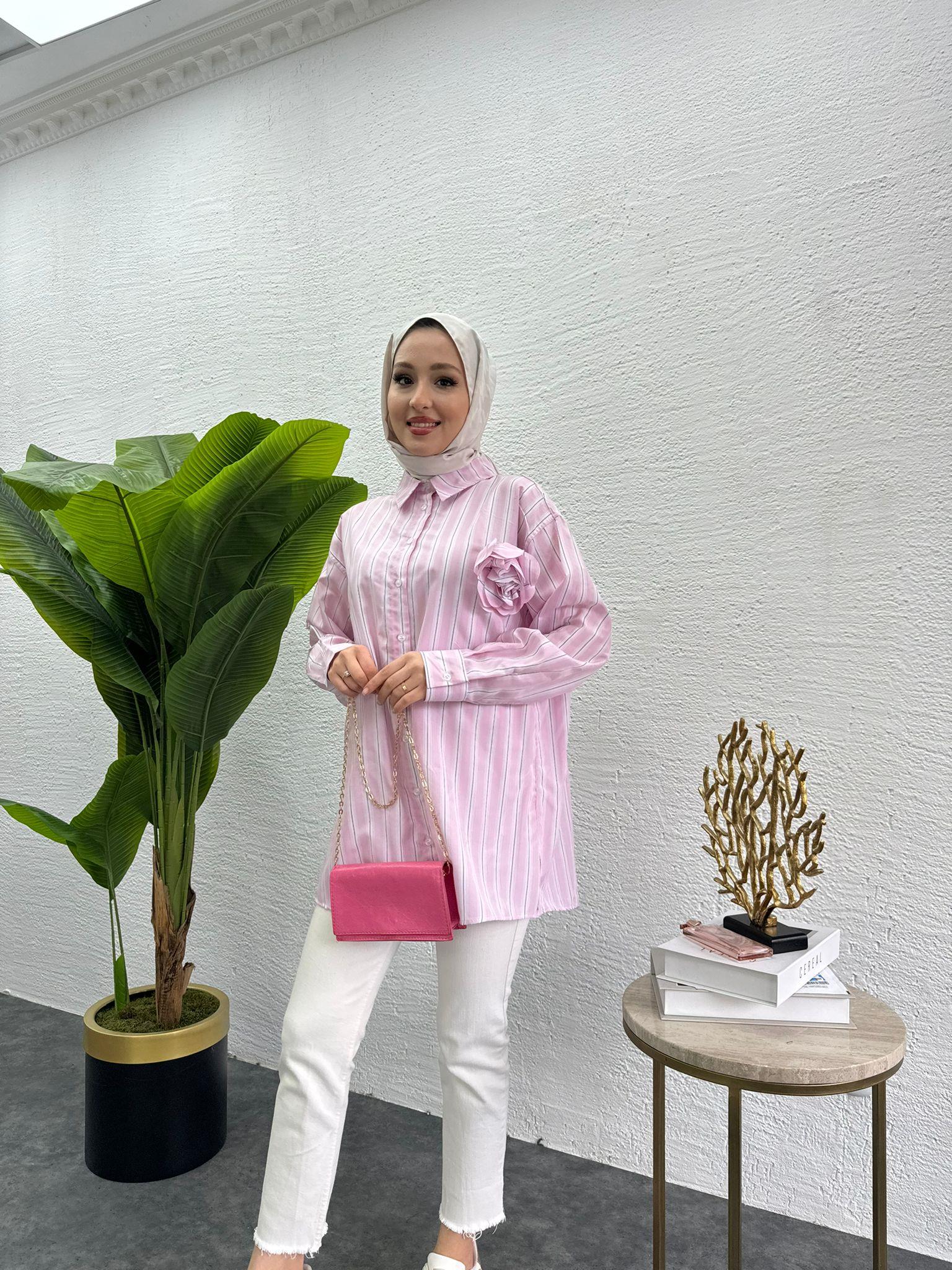 MEYSADESIGN GÖMLEK Gül Detaylı Çizgili Gömlek Pembe Geçişli