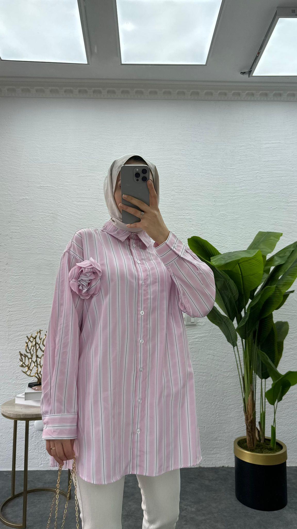 MEYSADESIGN GÖMLEK Gül Detaylı Çizgili Gömlek Pembe Geçişli
