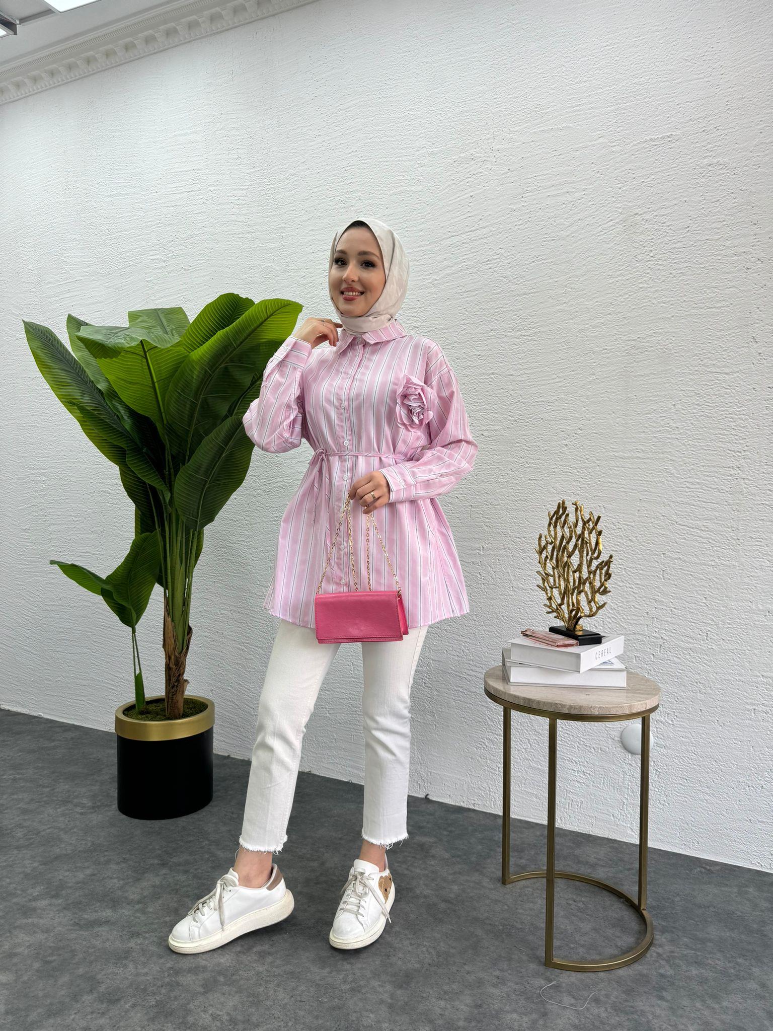 MEYSADESIGN GÖMLEK Gül Detaylı Çizgili Gömlek Pembe Geçişli