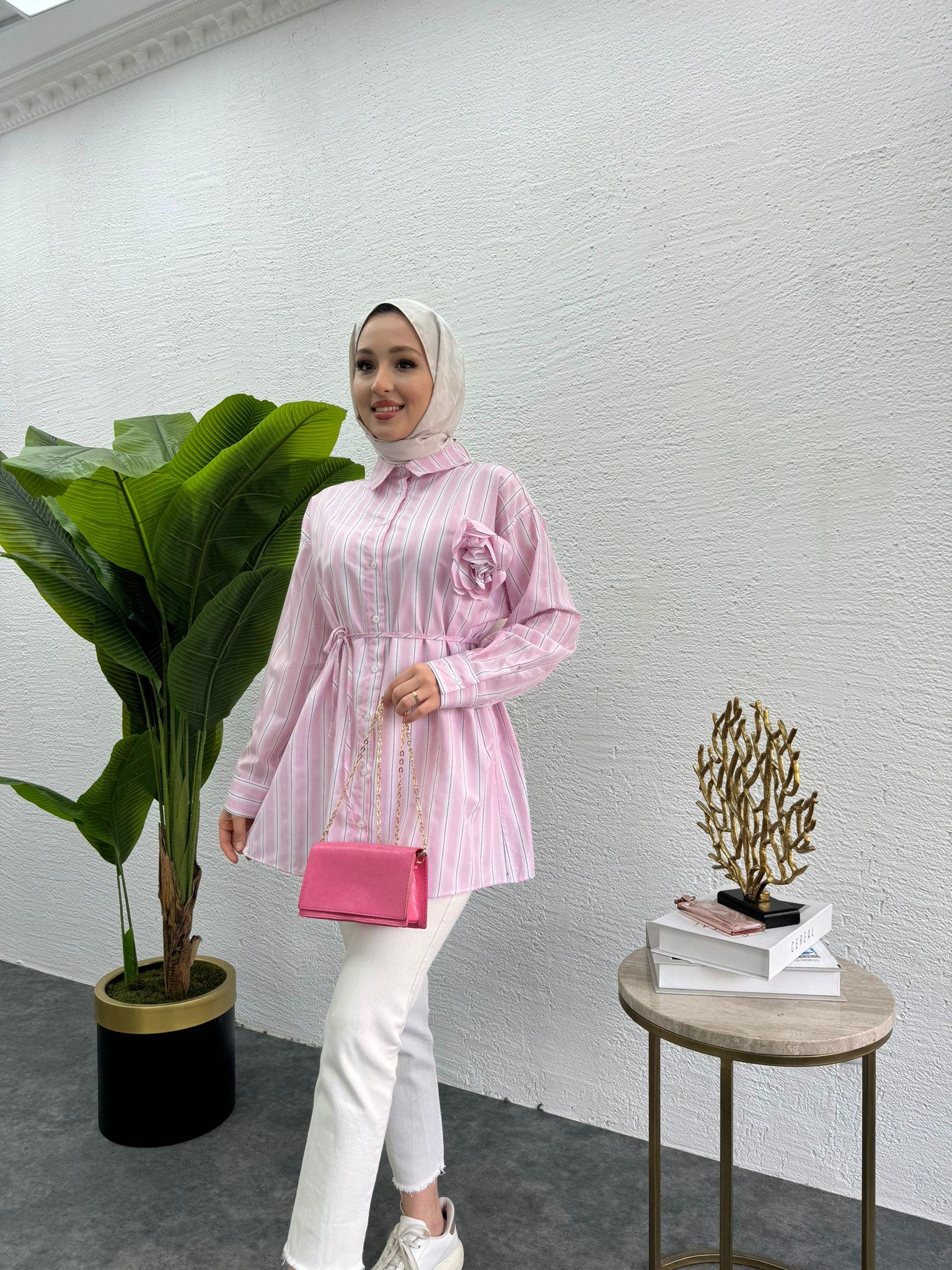 MEYSADESIGN GÖMLEK Gül Detaylı Çizgili Gömlek Pembe Geçişli
