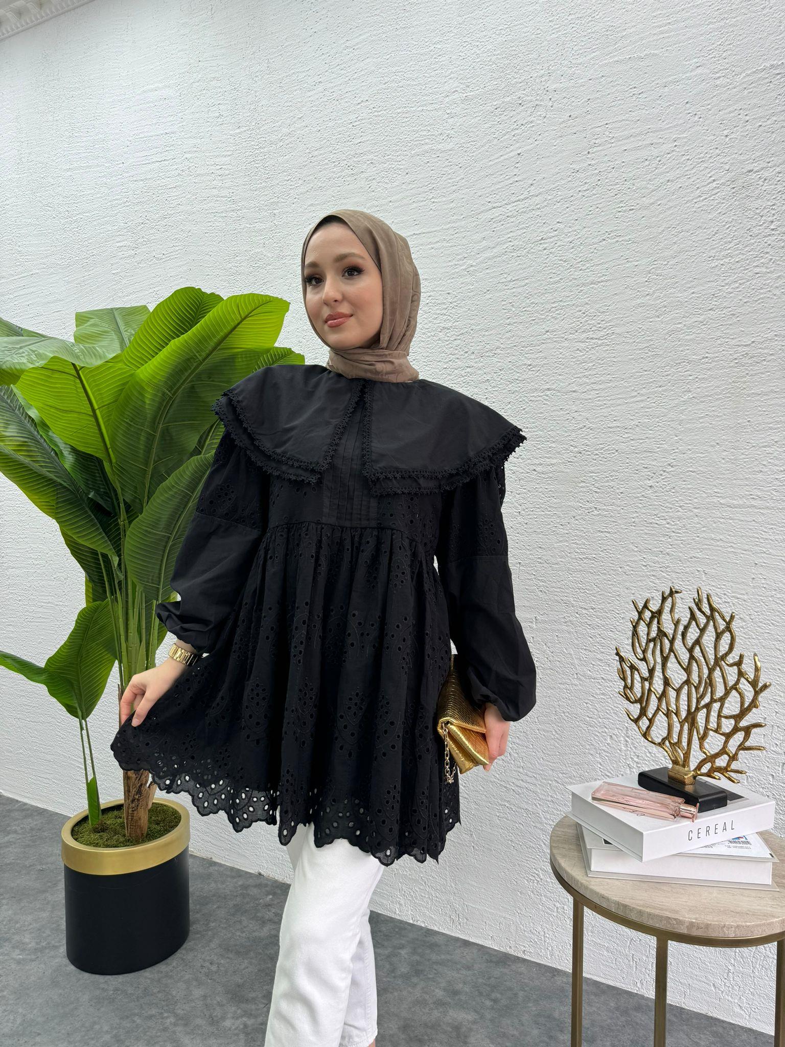 MEYSADESIGN GÖMLEK Nakışlı Yakalı Fisto Gömlek Siyah