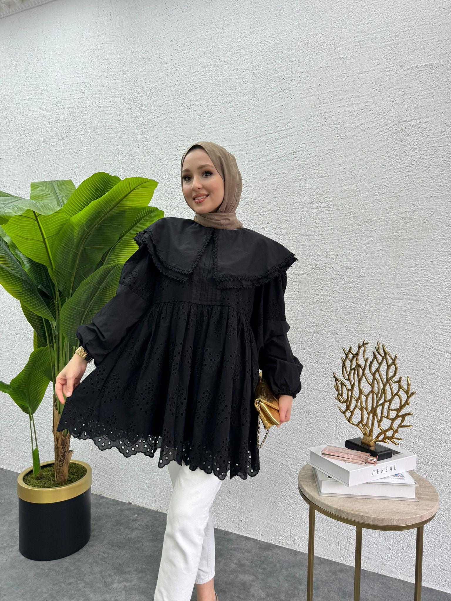 MEYSADESIGN GÖMLEK Nakışlı Yakalı Fisto Gömlek Siyah