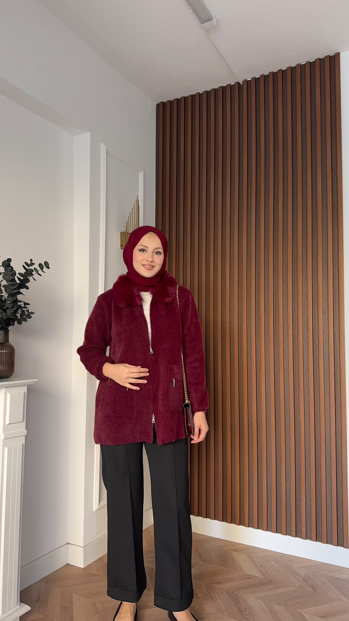 MEYSADESIGN HIRKA Kürklü Angora Hırka Bordo