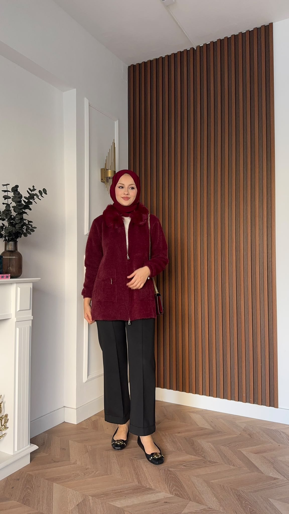 MEYSADESIGN HIRKA Kürklü Angora Hırka Bordo