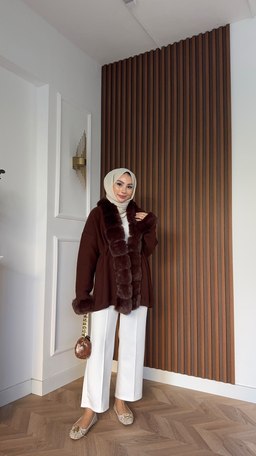 MEYSADESIGN HIRKA Monro Kürk Detaylı Triko Hırka Acı Kahve