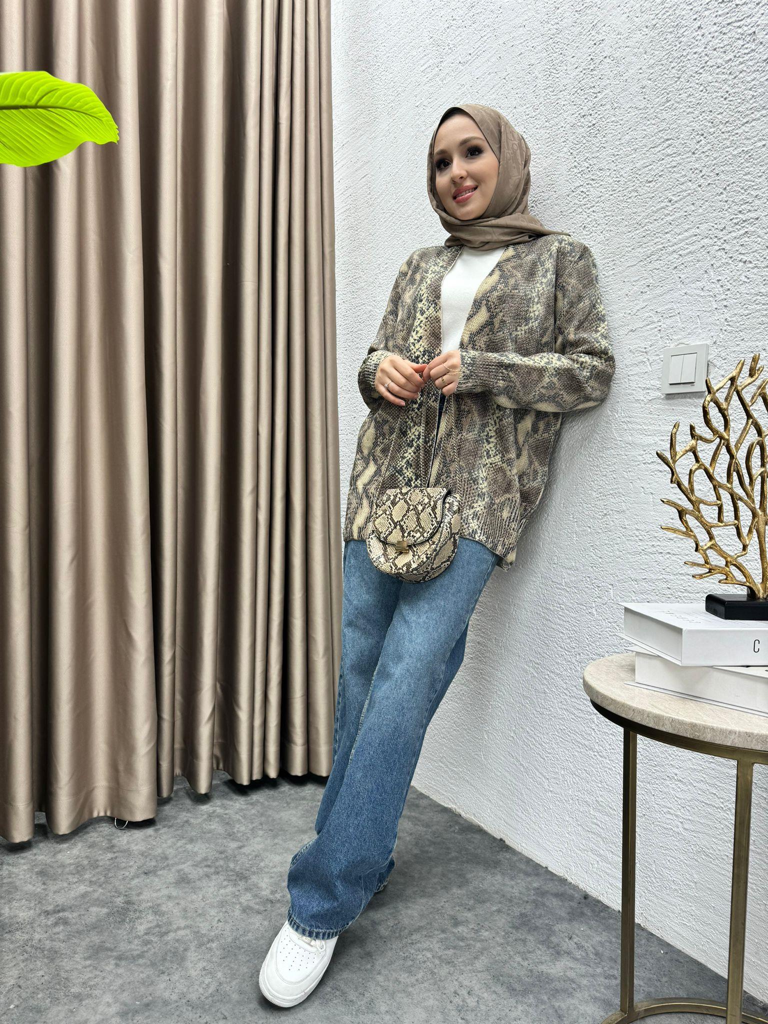 MEYSADESIGN HIRKA Varaklı Triko Hırka Kahve Yılan Desen
