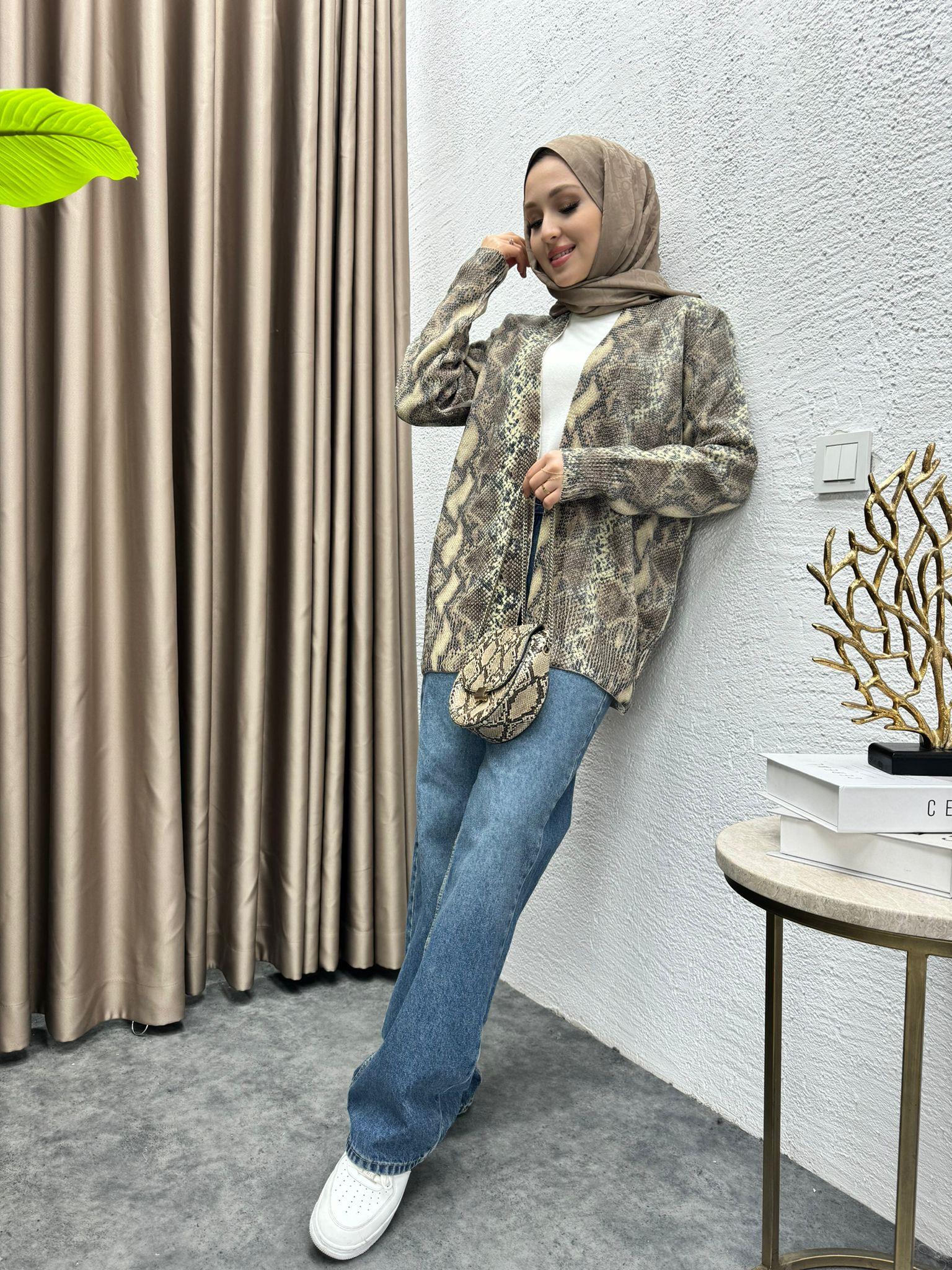 MEYSADESIGN HIRKA Varaklı Triko Hırka Kahve Yılan Desen