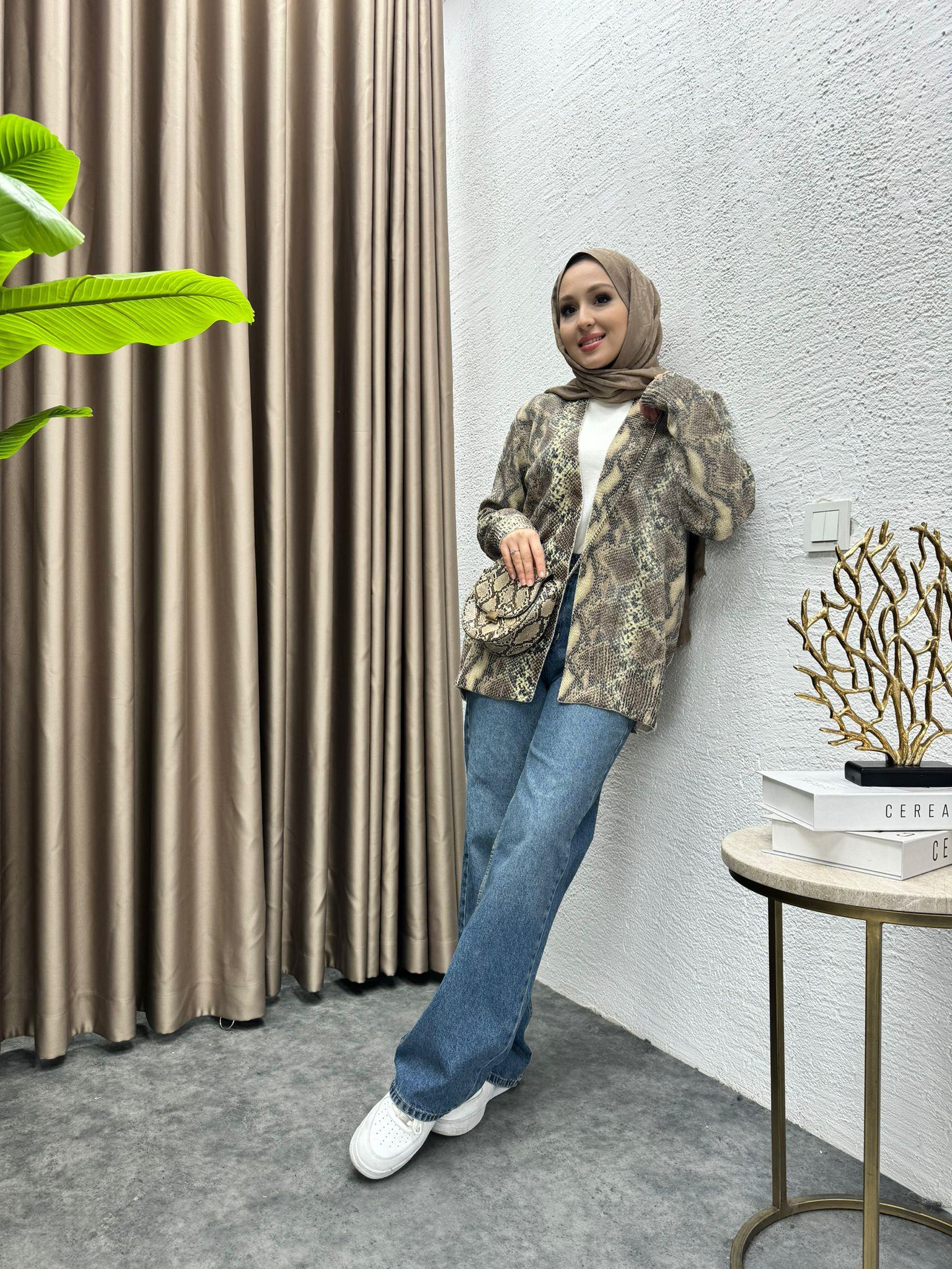MEYSADESIGN HIRKA Varaklı Triko Hırka Kahve Yılan Desen