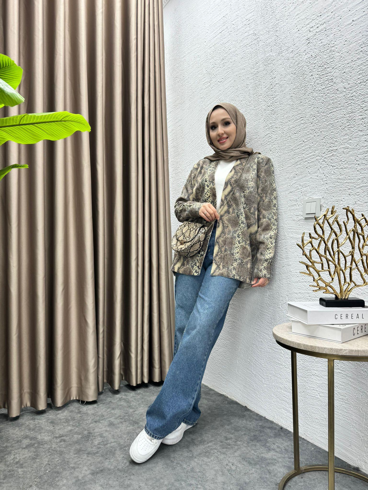MEYSADESIGN HIRKA Varaklı Triko Hırka Kahve Yılan Desen
