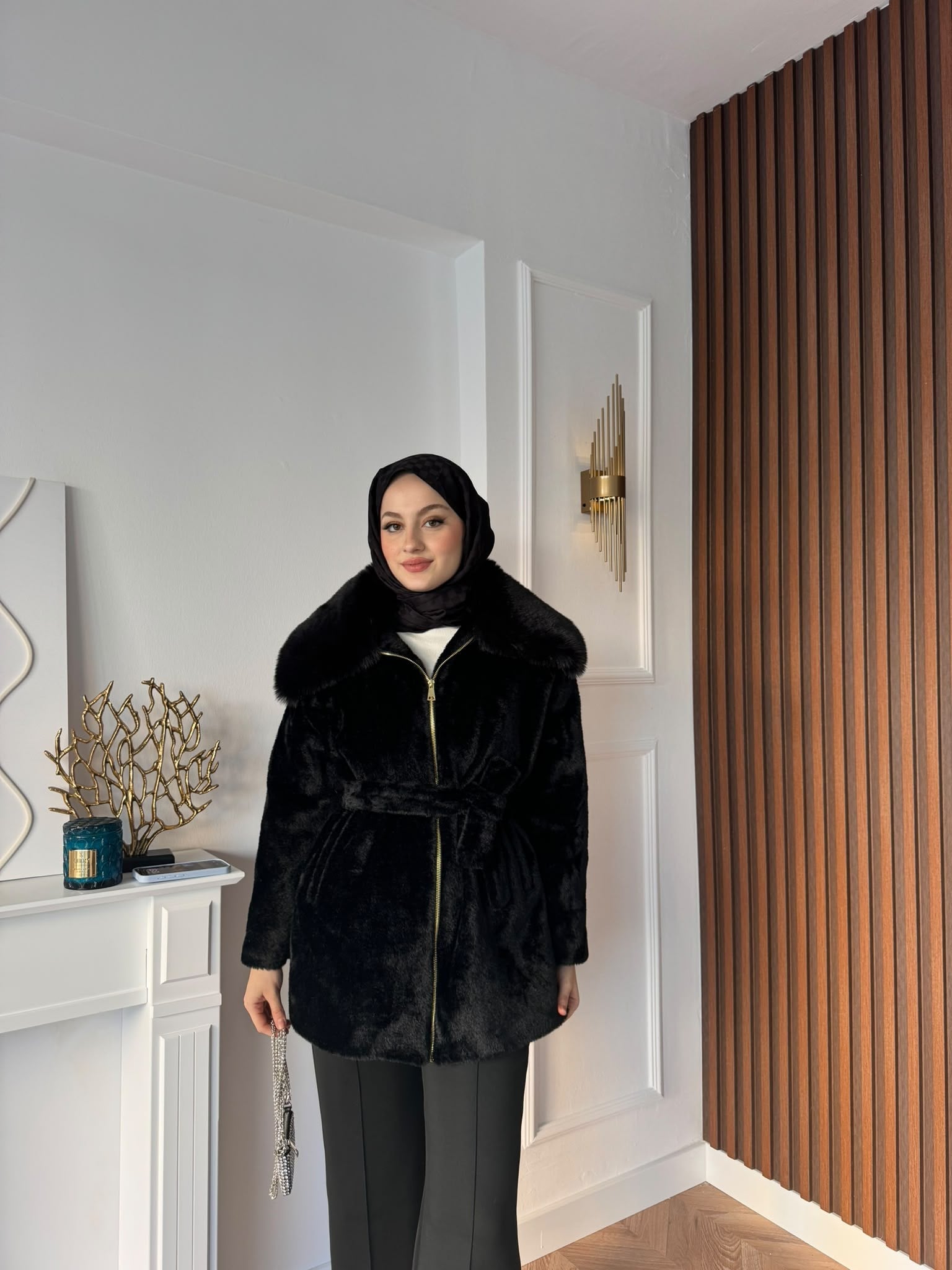 MEYSADESIGN KABAN Angora Kürk Kaban Siyah