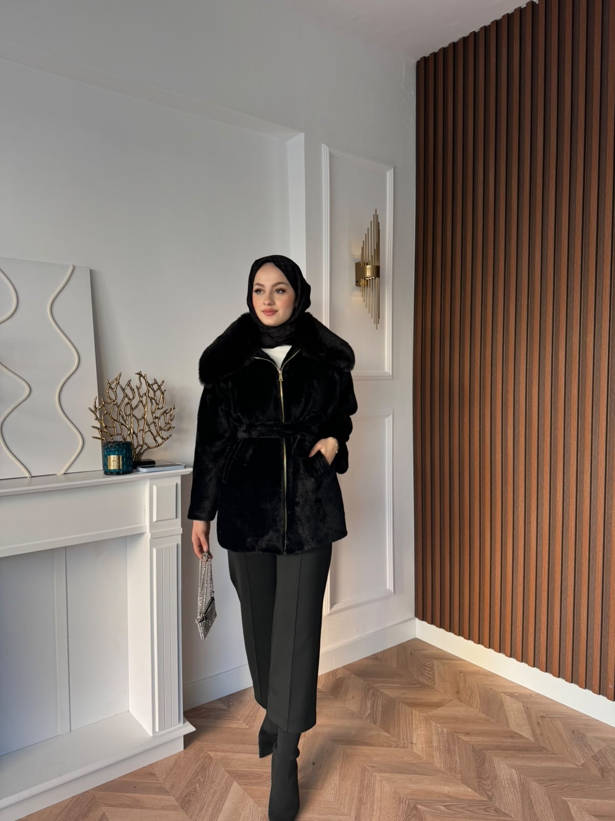 MEYSADESIGN KABAN Angora Kürk Kaban Siyah