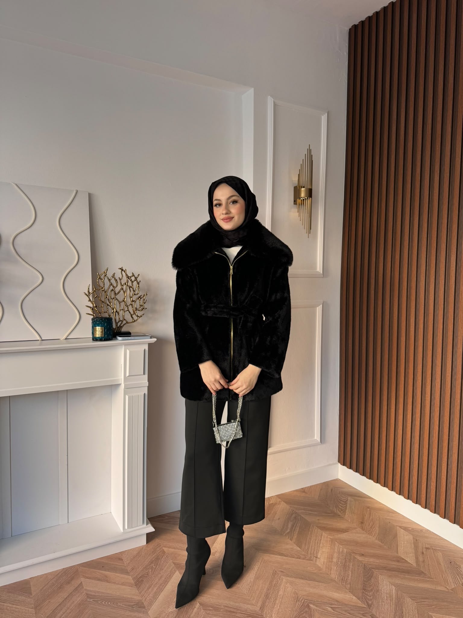 MEYSADESIGN KABAN Angora Kürk Kaban Siyah