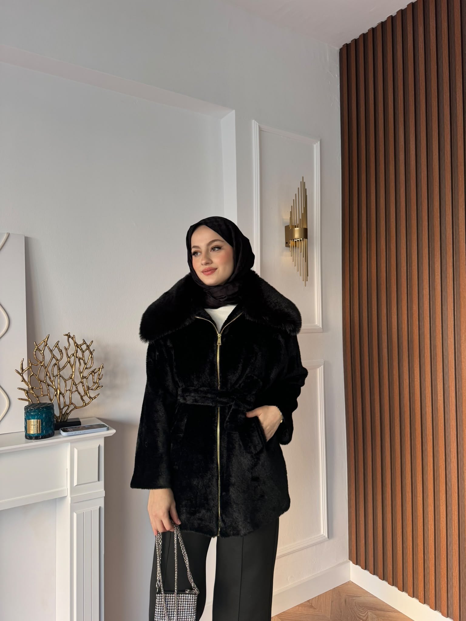 MEYSADESIGN KABAN Angora Kürk Kaban Siyah