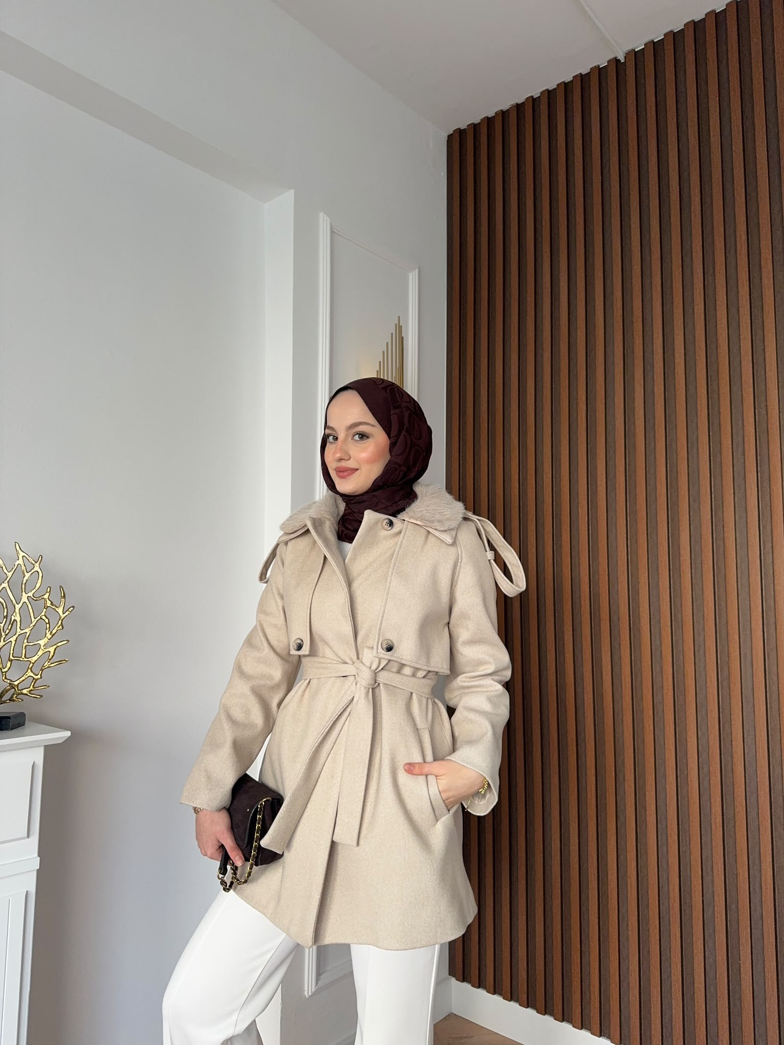 MEYSADESIGN KABAN Kürk Yakalı Kaşe Kaban Bej