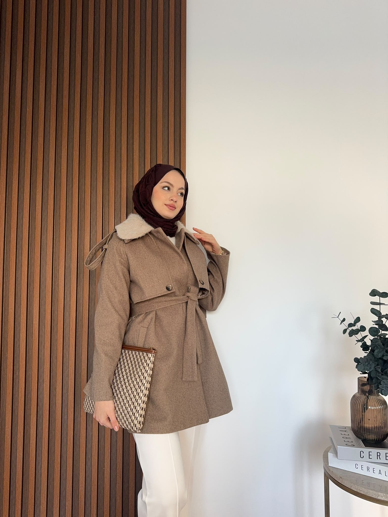 MEYSADESIGN KABAN Kürk Yakalı Kaşe Kaban Camel
