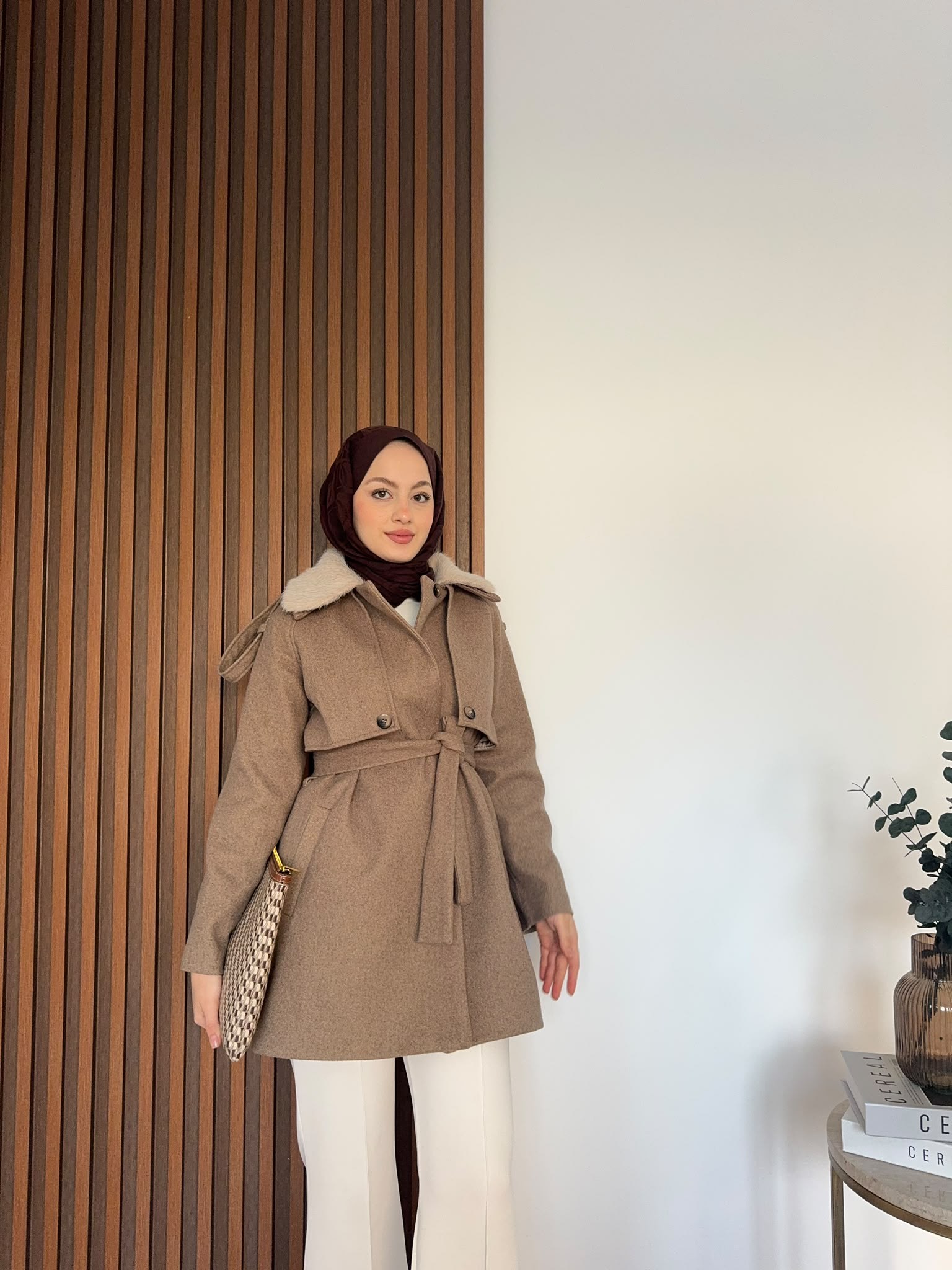 MEYSADESIGN KABAN Kürk Yakalı Kaşe Kaban Camel