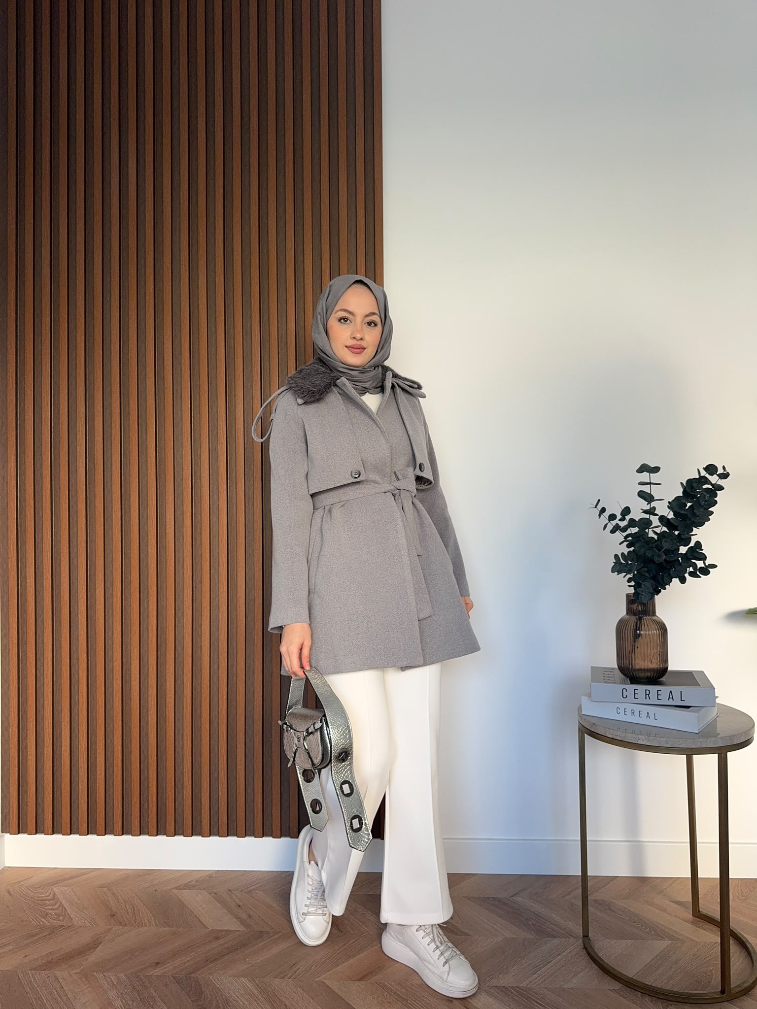 MEYSADESIGN KABAN Kürk Yakalı Kaşe Kaban Antrasit