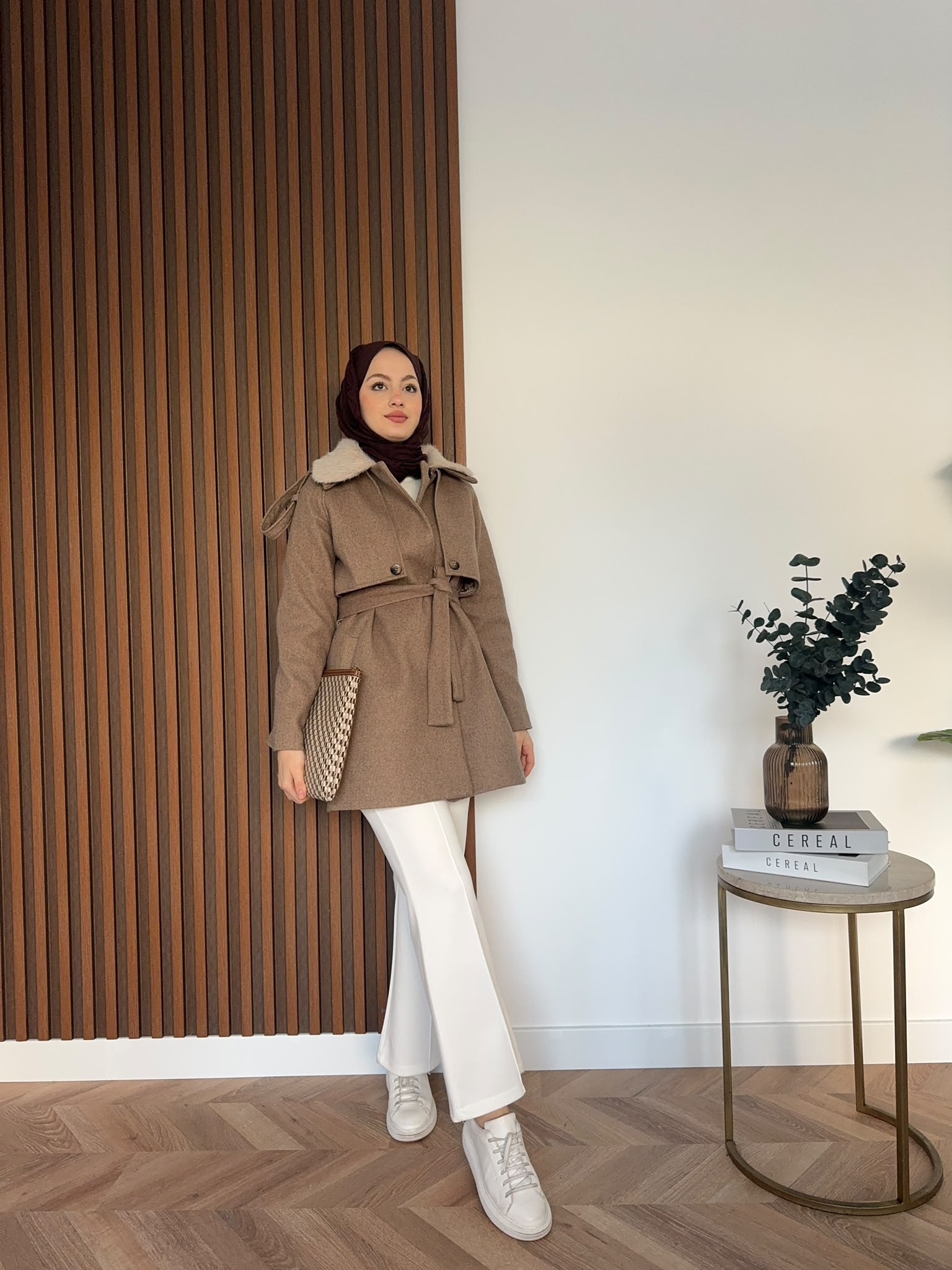 MEYSADESIGN KABAN Kürk Yakalı Kaşe Kaban Camel