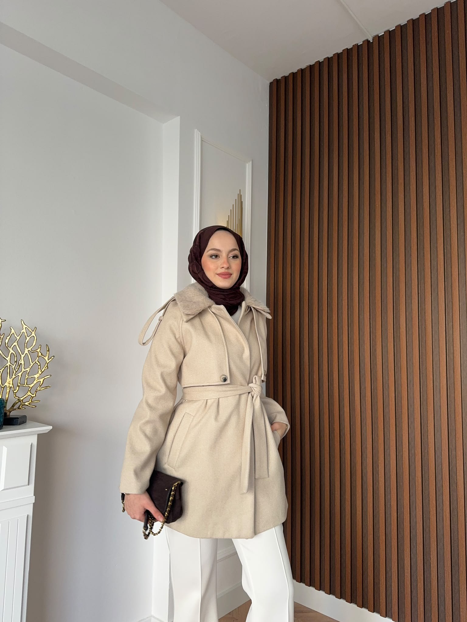MEYSADESIGN KABAN Kürk Yakalı Kaşe Kaban Bej