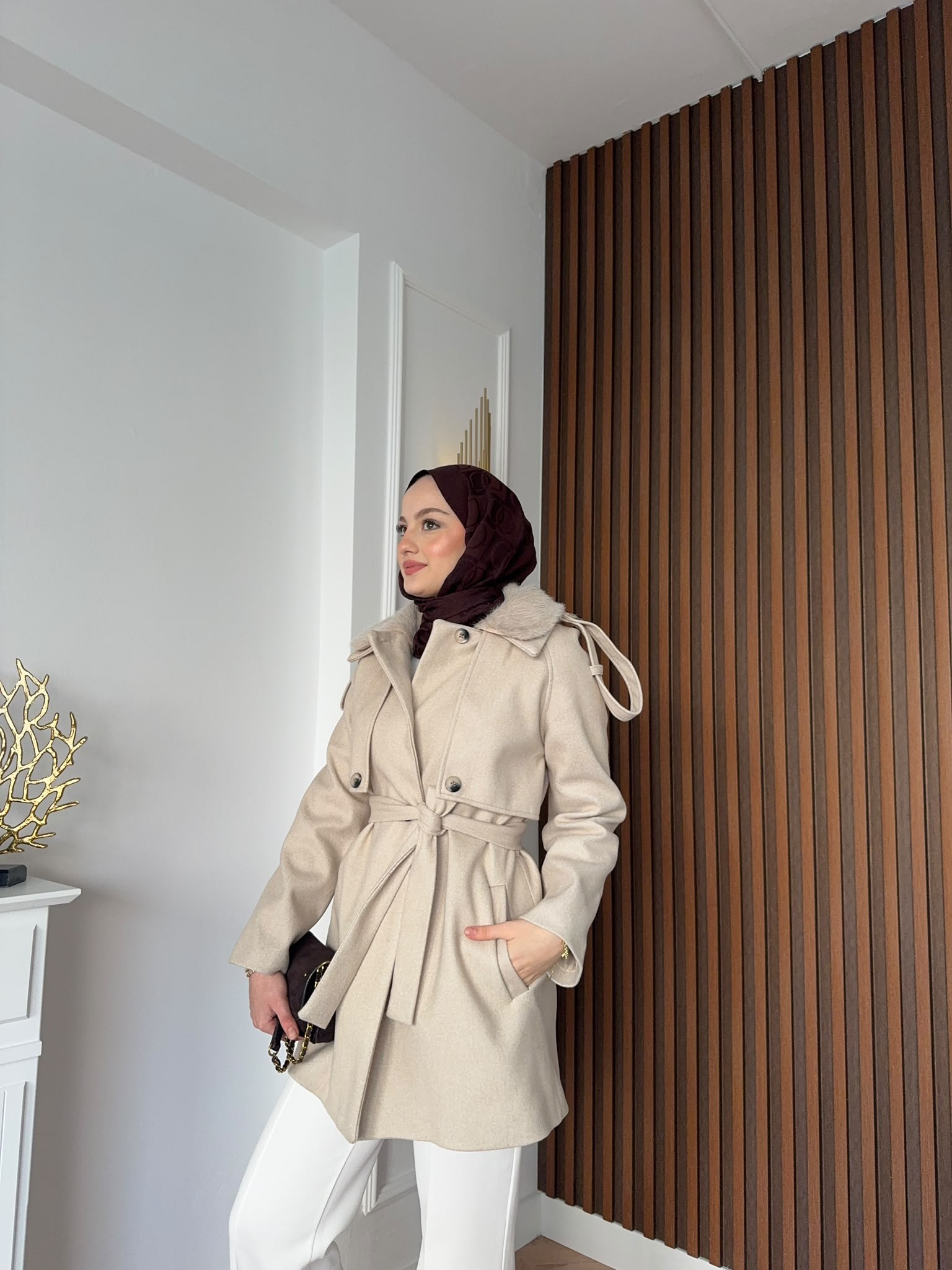 MEYSADESIGN KABAN Kürk Yakalı Kaşe Kaban Bej