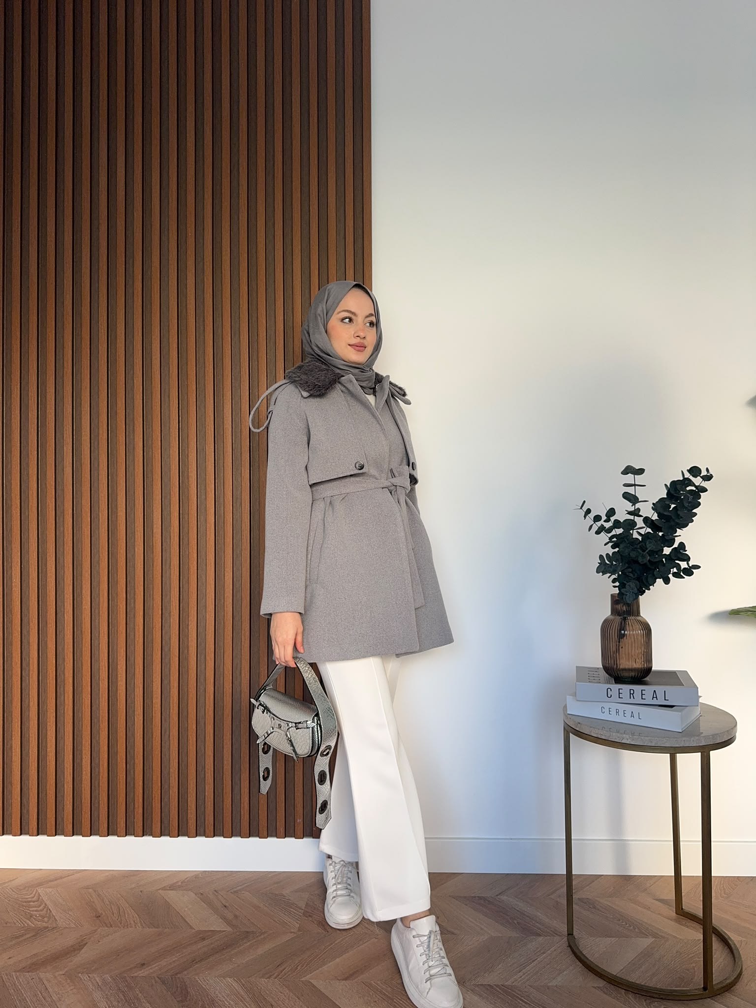 MEYSADESIGN KABAN Kürk Yakalı Kaşe Kaban Antrasit