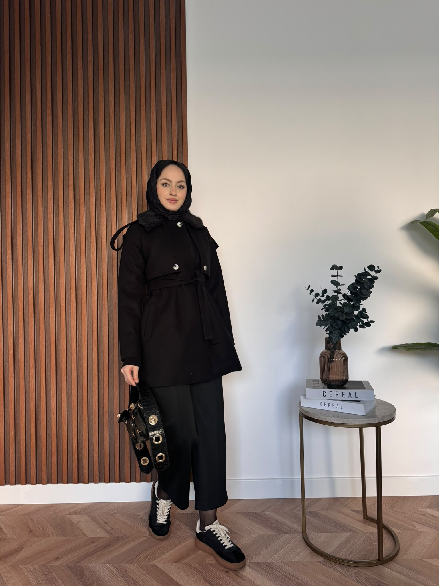 MEYSADESIGN KABAN Kürk Yakalı Kaşe Kaban Siyah