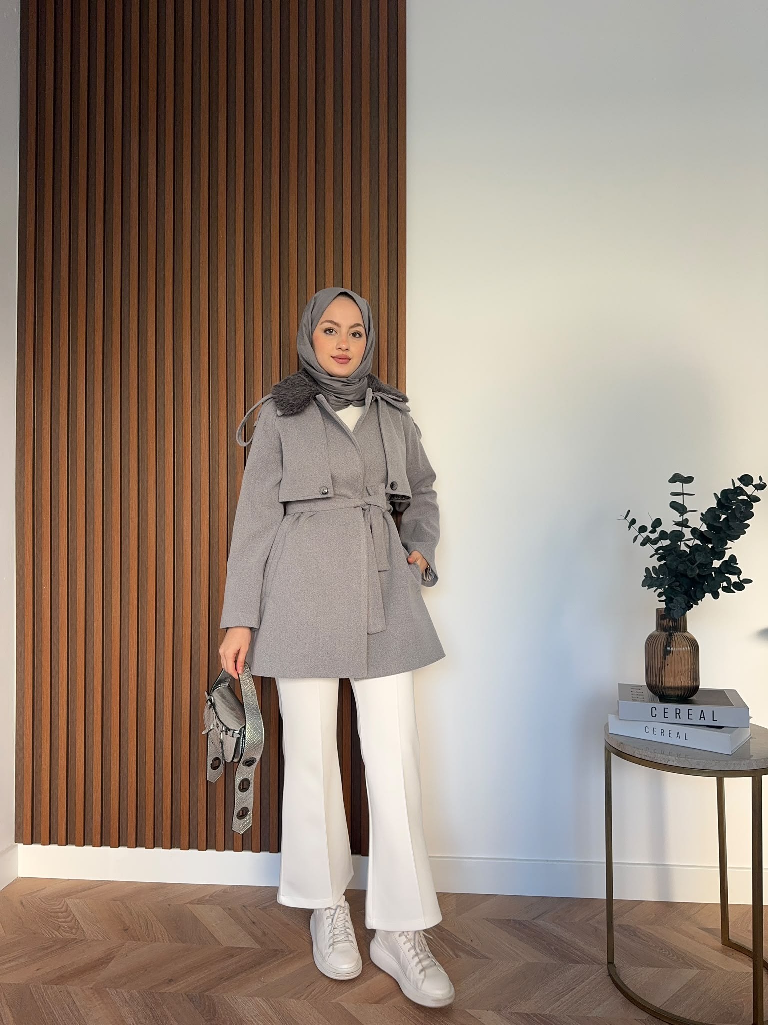 MEYSADESIGN KABAN Kürk Yakalı Kaşe Kaban Antrasit