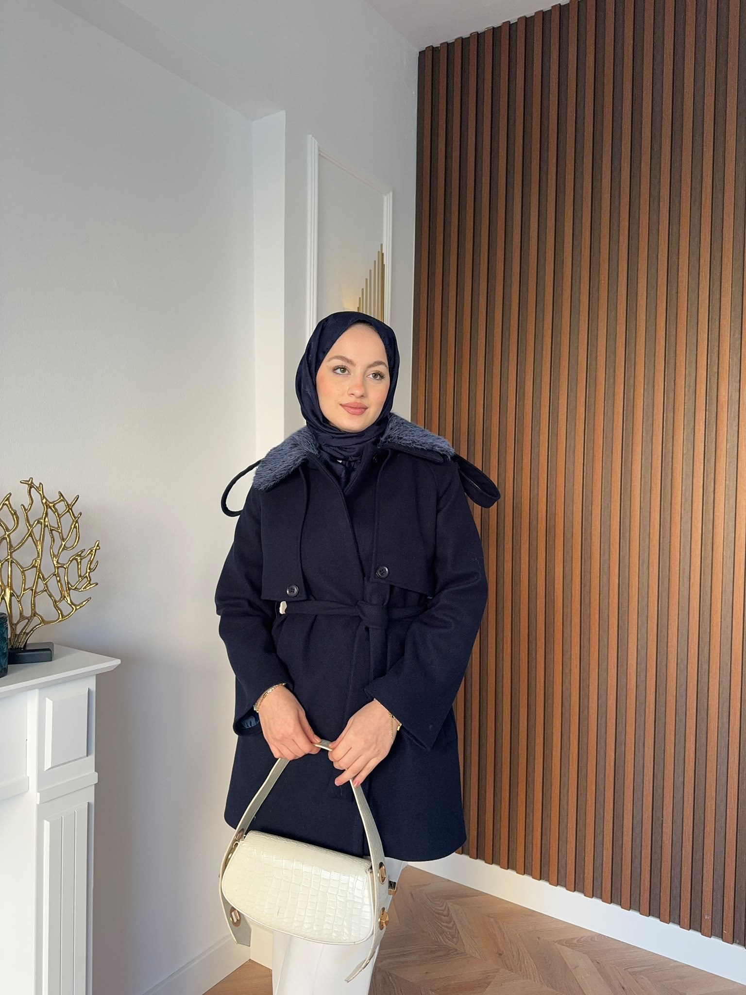 MEYSADESIGN KABAN Kürk Yakalı Kaşe Kaban Lacivert