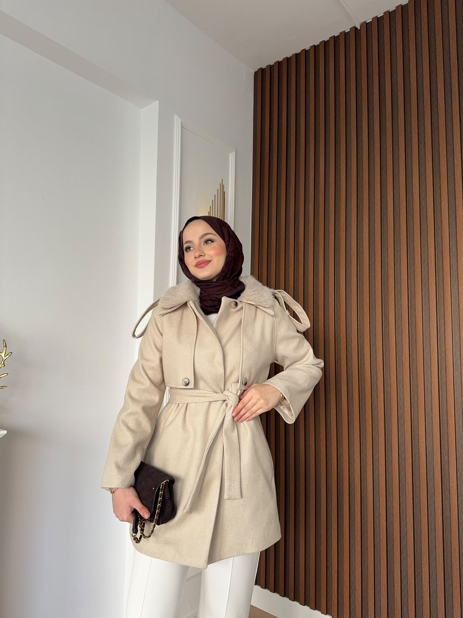 MEYSADESIGN KABAN Kürk Yakalı Kaşe Kaban Bej