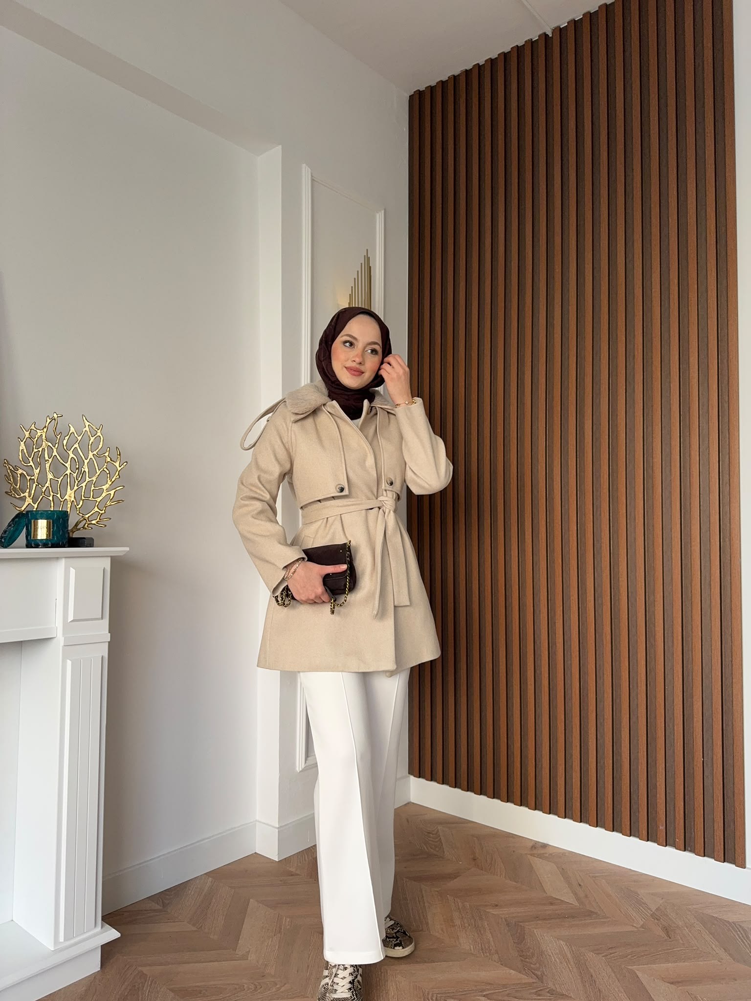MEYSADESIGN KABAN Kürk Yakalı Kaşe Kaban Bej