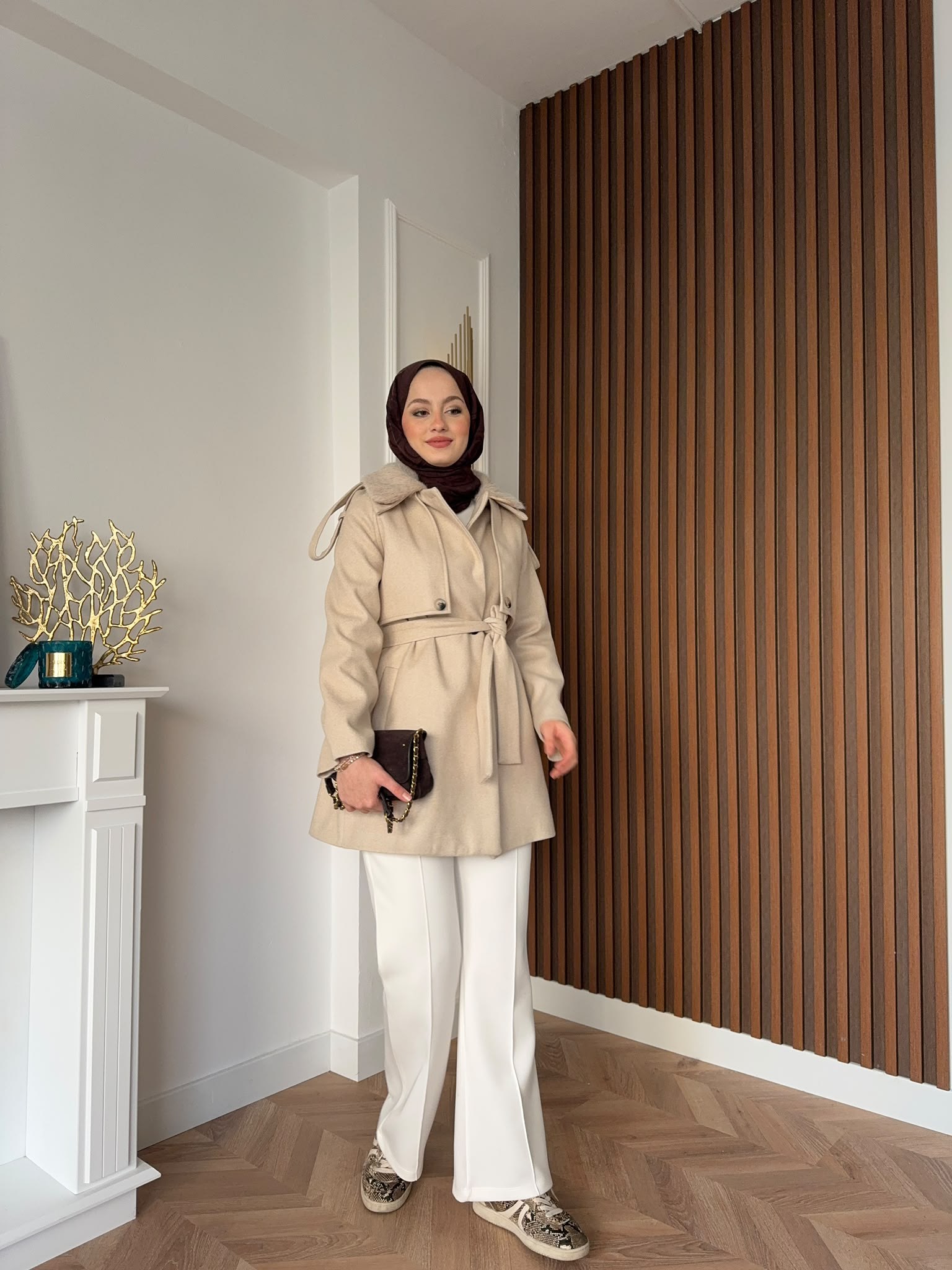 MEYSADESIGN KABAN Kürk Yakalı Kaşe Kaban Bej