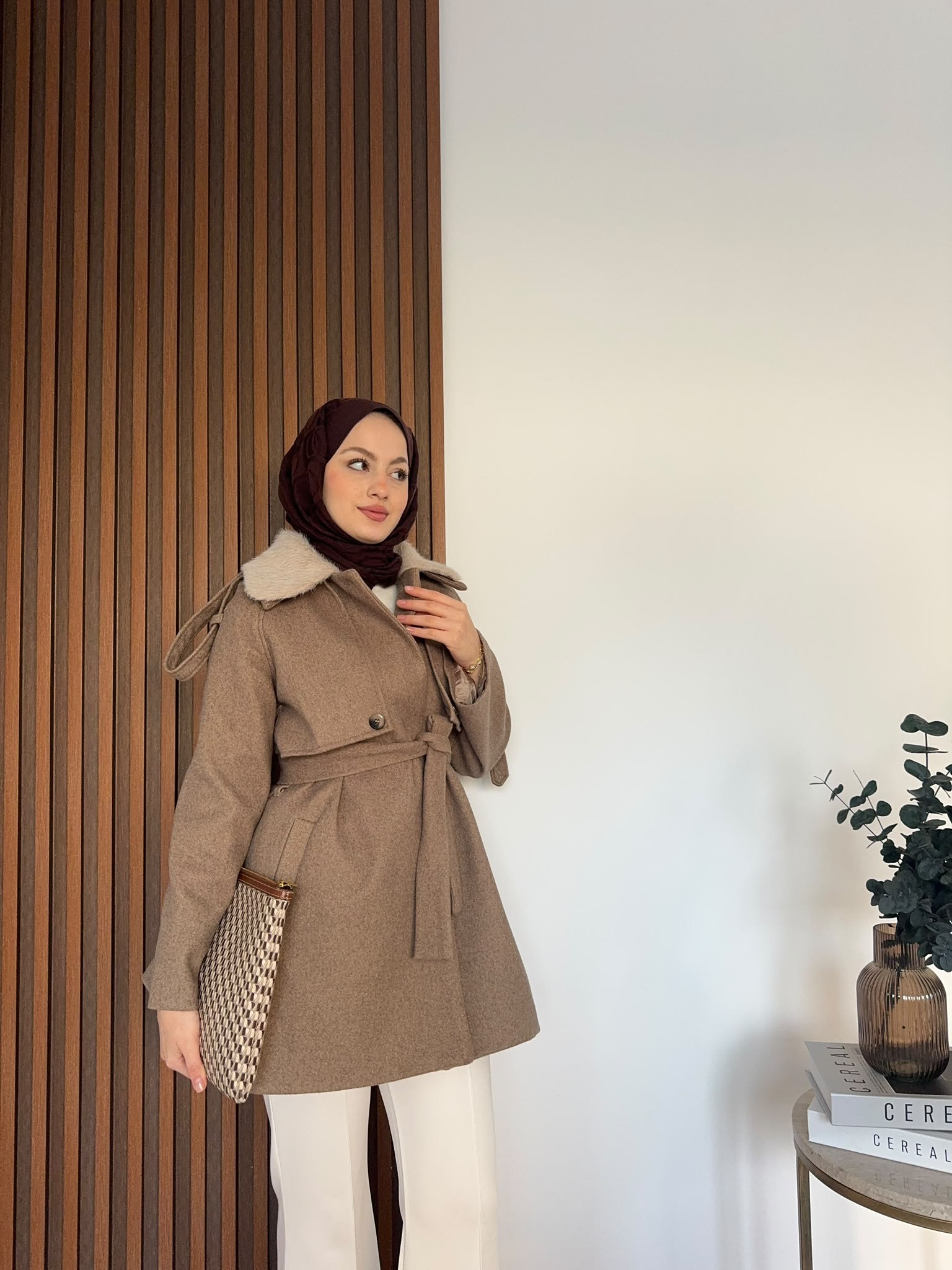 MEYSADESIGN KABAN Kürk Yakalı Kaşe Kaban Camel