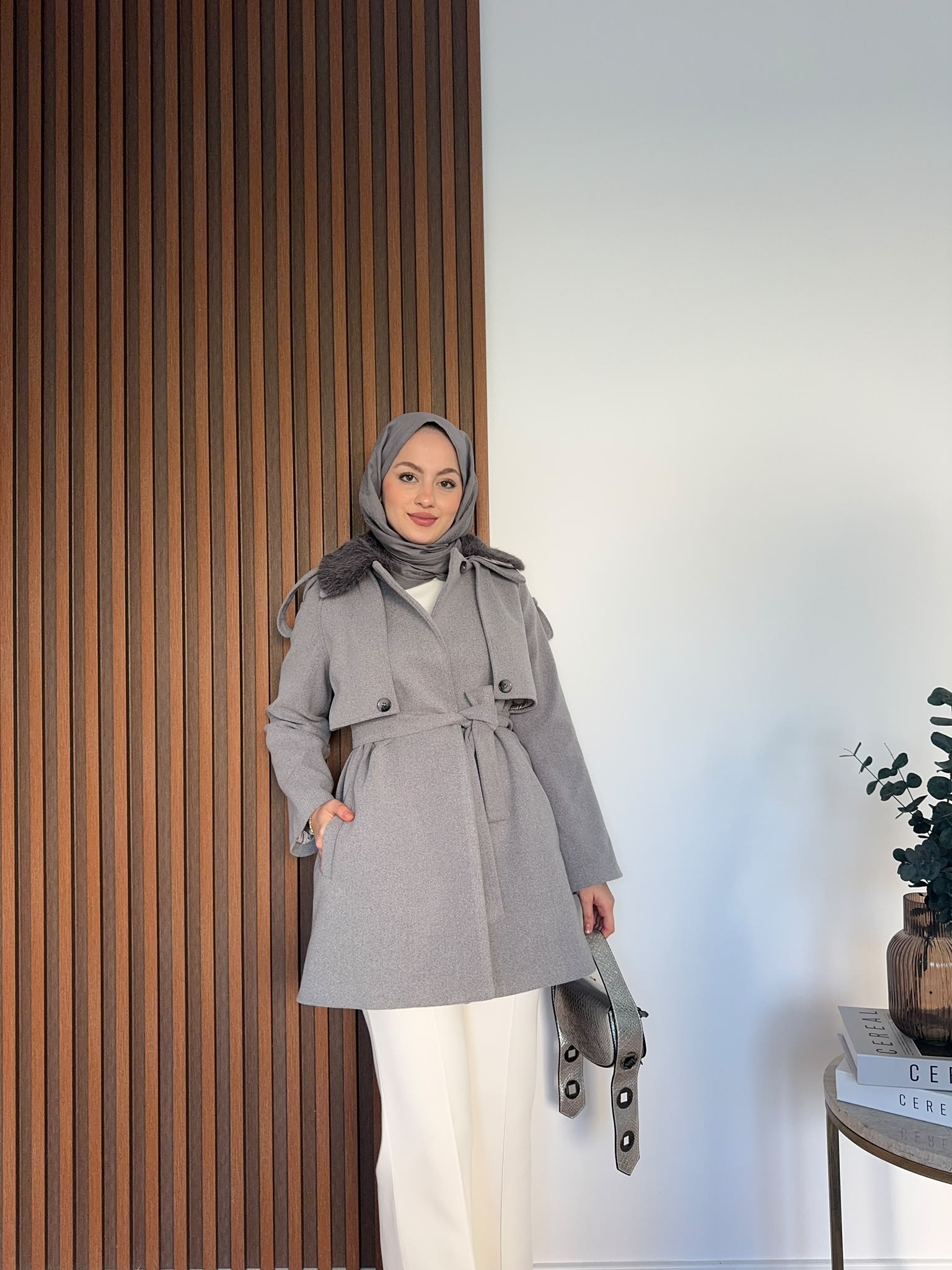 MEYSADESIGN KABAN Kürk Yakalı Kaşe Kaban Antrasit