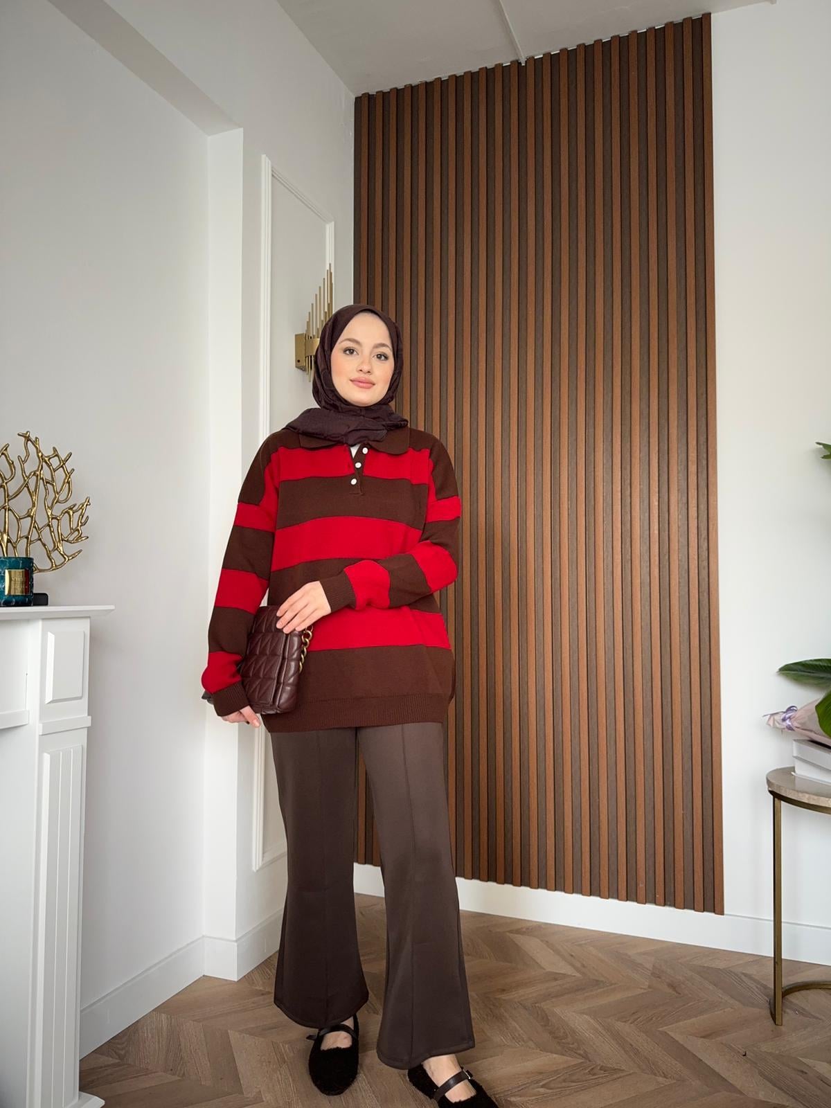 MEYSADESIGN KAZAK Çizgi Desenli Triko Kazak Kırmızı Kahve Geçişli