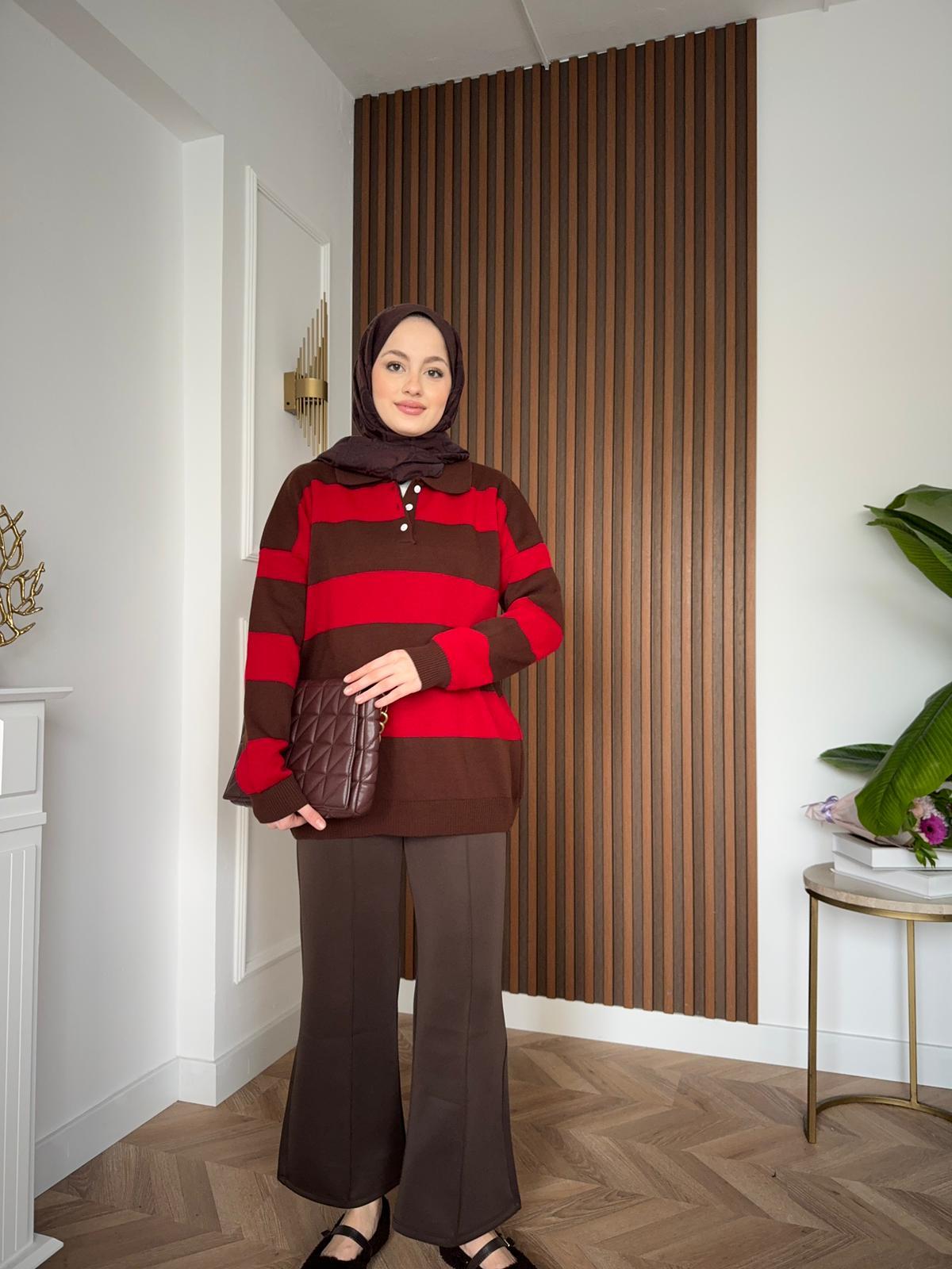 MEYSADESIGN KAZAK Çizgi Desenli Triko Kazak Kırmızı Kahve Geçişli