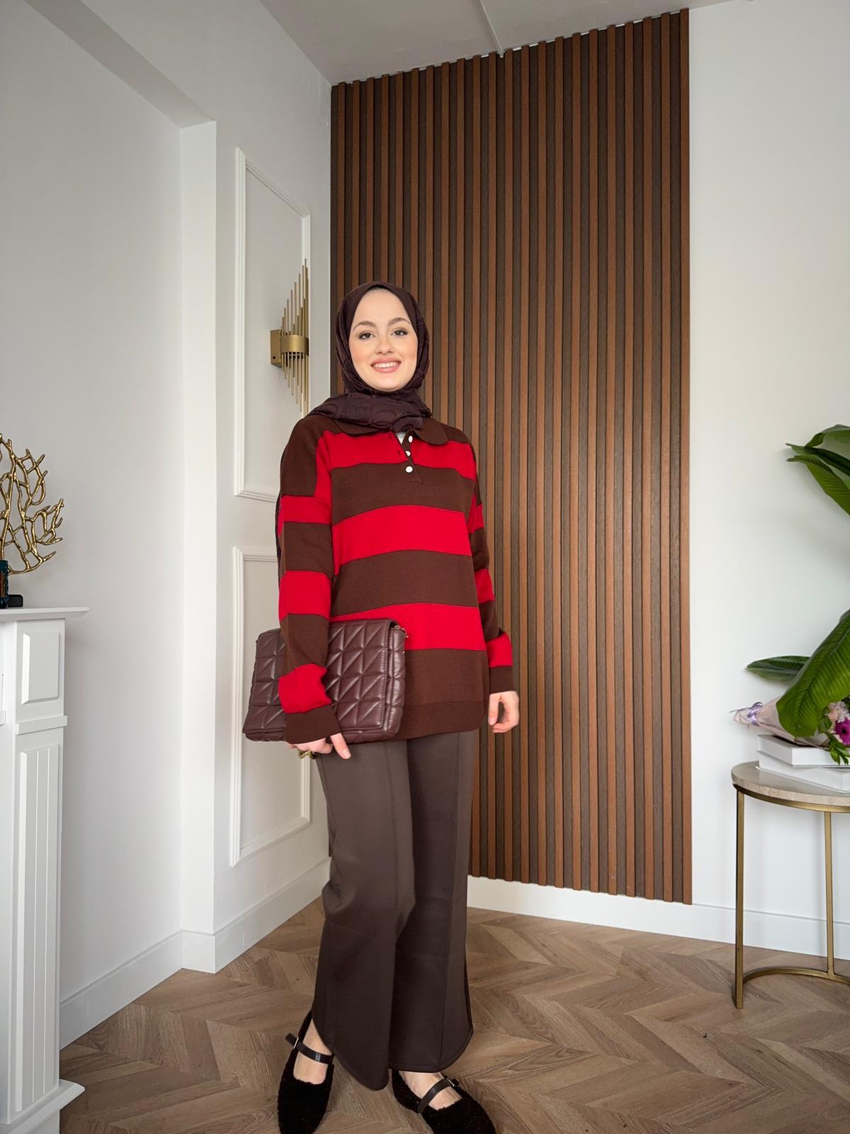 MEYSADESIGN KAZAK Çizgi Desenli Triko Kazak Kırmızı Kahve Geçişli