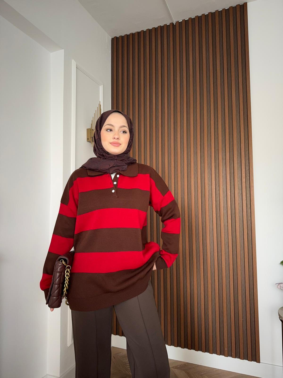 MEYSADESIGN KAZAK Çizgi Desenli Triko Kazak Kırmızı Kahve Geçişli