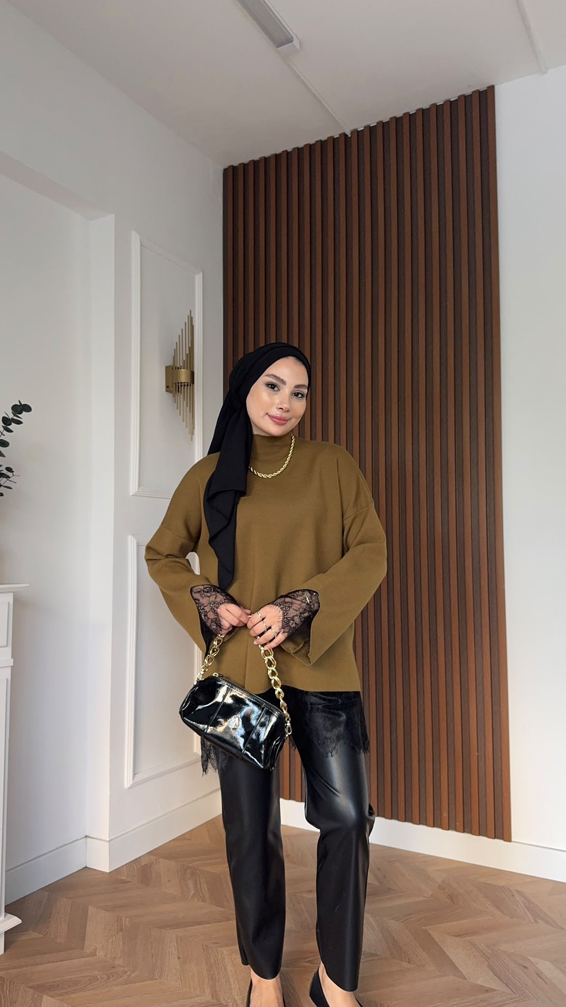 MEYSADESIGN KAZAK Dantelli Triko Kazak Yağ Yeşili