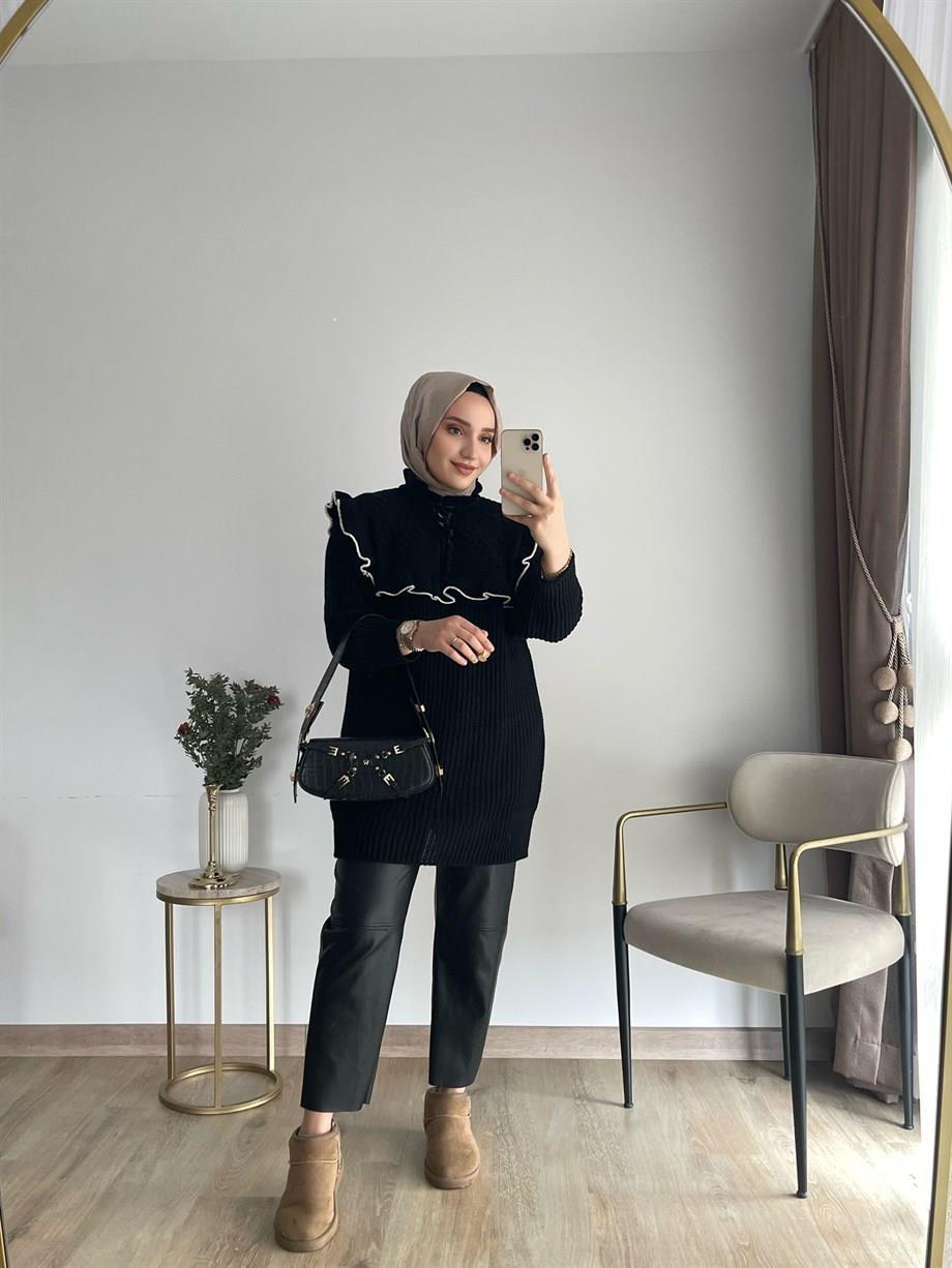 MEYSADESIGN KAZAK Fırfırlı Fiyonklu Triko Kazak Siyah