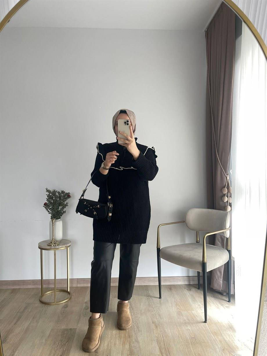 MEYSADESIGN KAZAK Fırfırlı Fiyonklu Triko Kazak Siyah