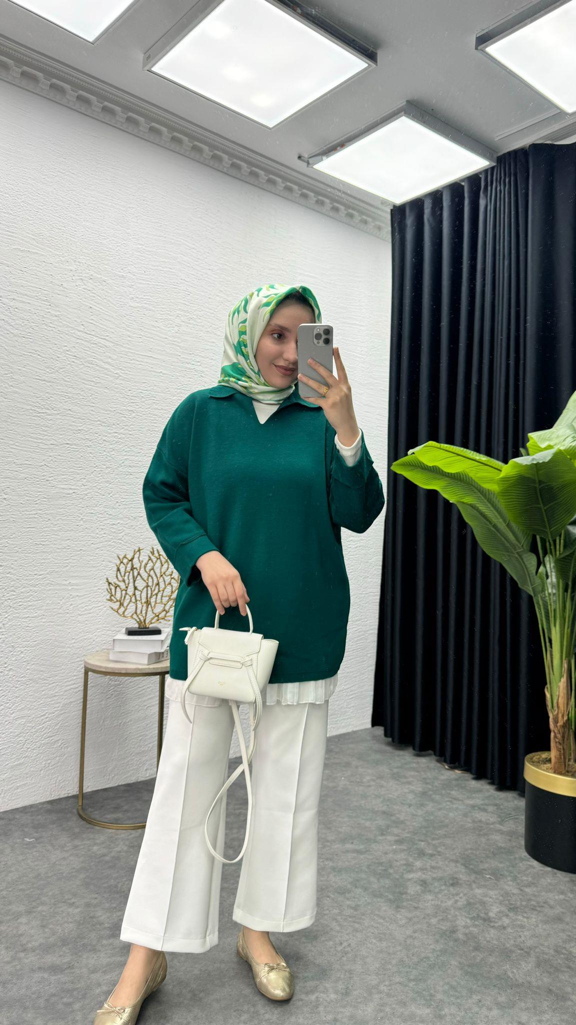 MEYSADESIGN KAZAK V Yaka Triko Kazak Zümrüt Yeşili